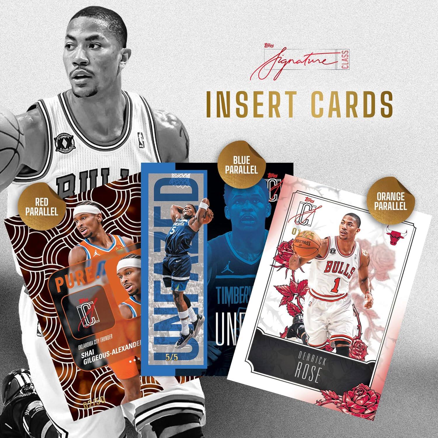 INSERT CARDS

BLUE PARALLEL

RED PARALLEL

ORANGE PARALLEL

PURE

OKLAHOMA CITY THUNDER

SHAI GILGEOUS-ALEXANDER

TIMBER

5/5

BULLS

1

DERRICK ROSE