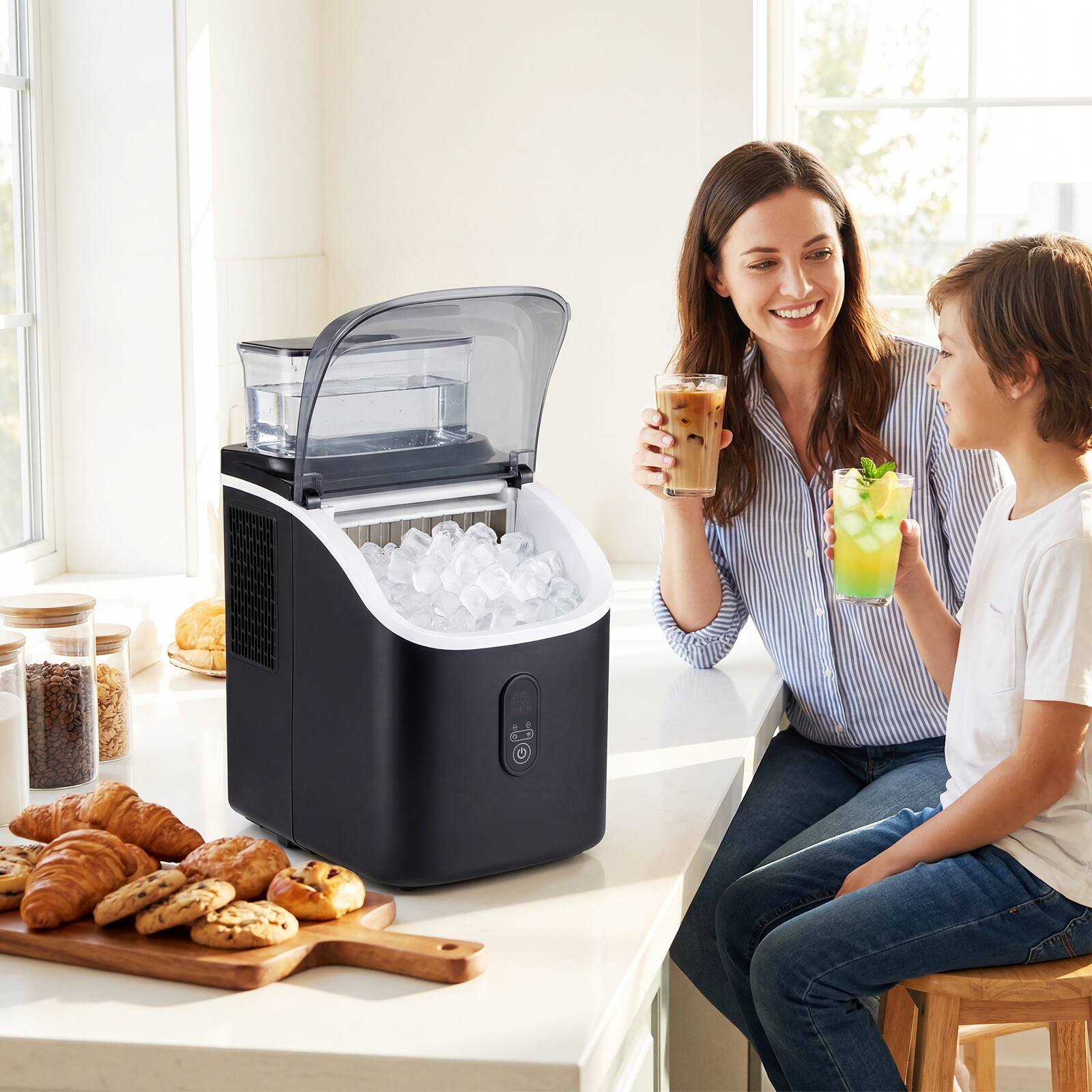 Alt View 3. Costway - Costway Ice Cube Maker Countertop, 2 Ways to Add Water with External Tank, 34Lbs/Day - Black.