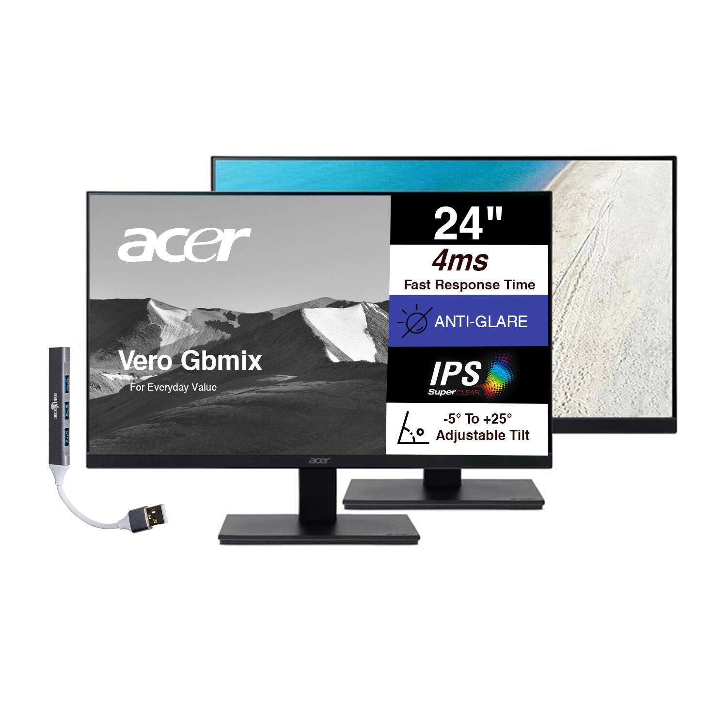 Acer - 24" Vero Gbmix FHD IPS Monitor, 4ms, Anti-Glare, HDMI, Adaptive Sync, VESA Mount, Speakers, w/DKZ Hub 2-Pack - Black
