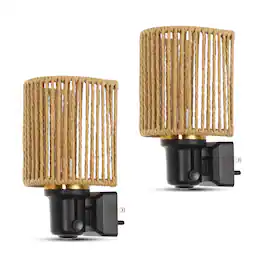 Jandcase - 2-Pack 1W Plug-in Night Light, 3000K Warm Glow, Boho Rope Shade with Gold Ring, Slide Dimmer, US 3-Prong Plug - Black/Gold
