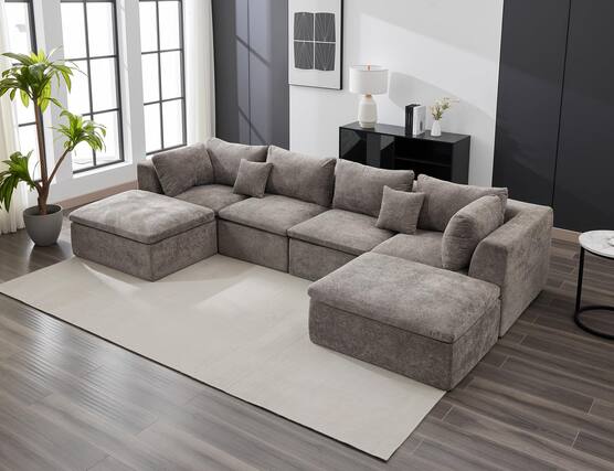 Front. Jojoka - 140" U-Shaped Modular Sectional Sofa, 6-Seater Oversized Chenille Couch with Double Chaise, Ottoman & Pillows - Grey.