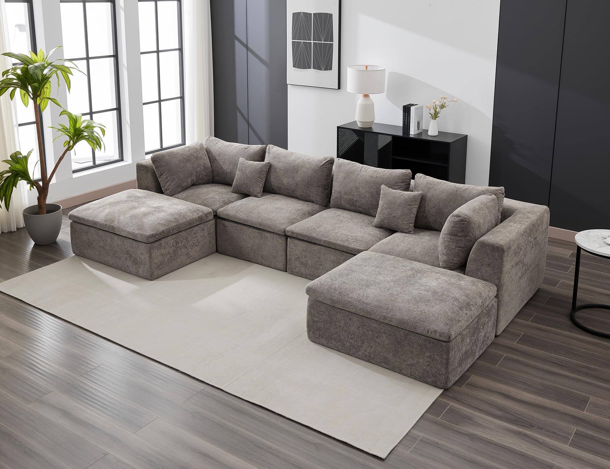 Jojoka - 140" U-Shaped Modular Sectional Sofa, 6-Seater Oversized Chenille Couch with Double Chaise, Ottoman & Pillows - Gray