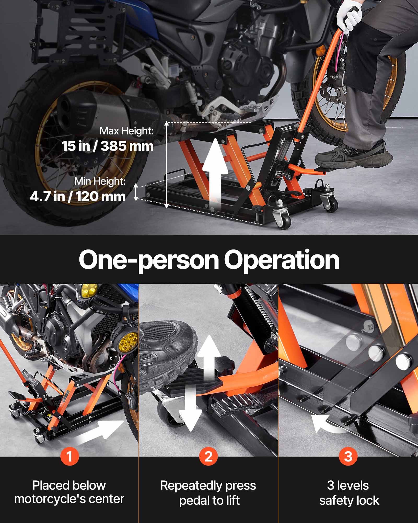 Max Height: 15 in / 385 mm  
Min Height: 4.7 in / 120 mm  

One-person Operation  
1. Placed below motorcycle's center  
2. Repeatedly press pedal to lift  
3. 3 levels safety lock