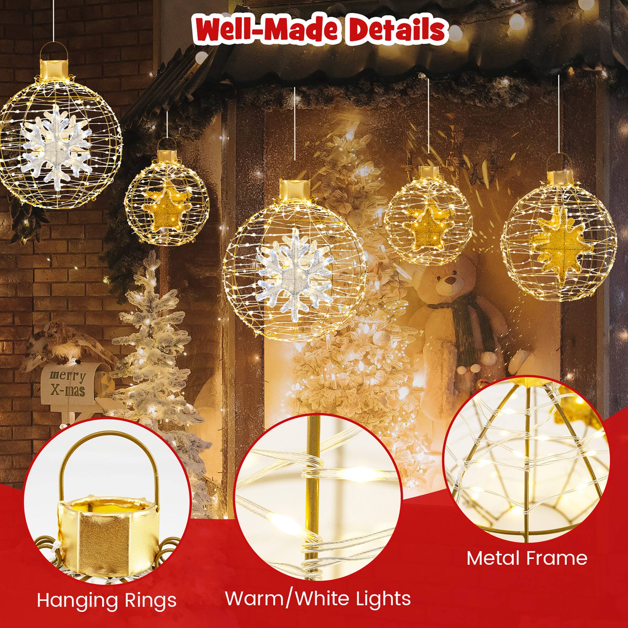 Well-Made Details

- Merry X-mas
- Hanging Rings
- Warm/White Lights
- Metal Frame