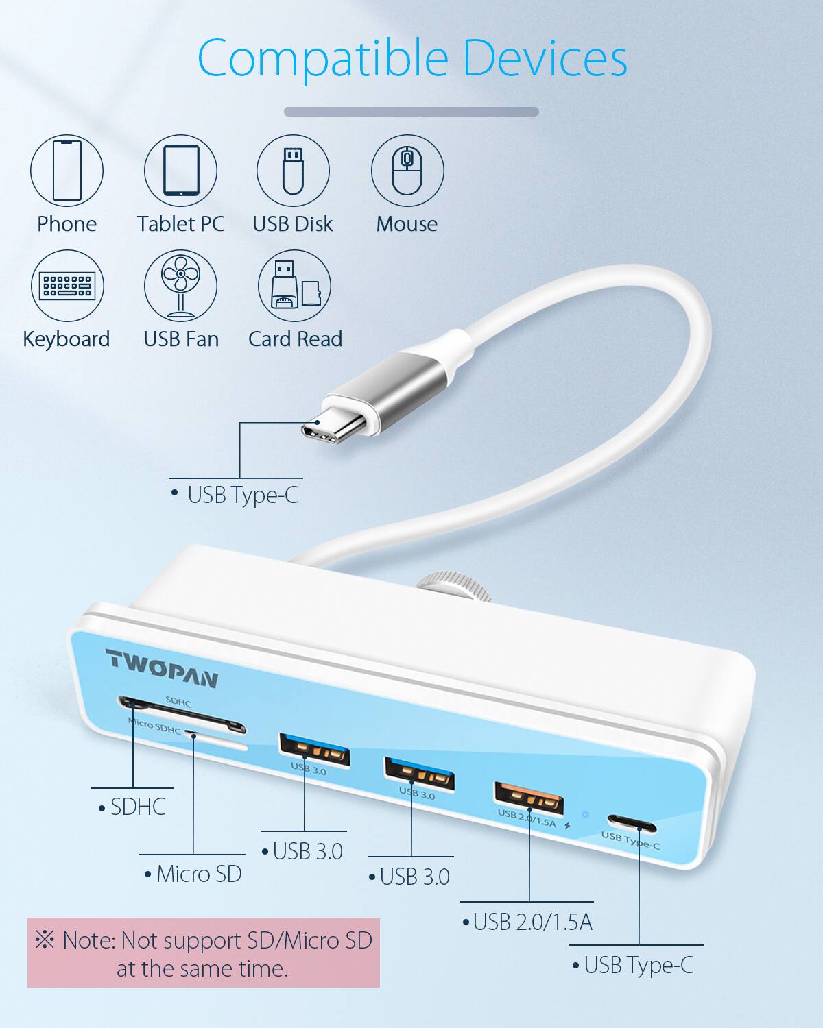 Compatible Devices: Phone, Tablet PC, USB Disk, Mouse, Keyboard, USB Fan, Card Read

TWOPAN: SDHC, Micro SDHC, SDHC, Micro SD, USB 3.0, USB 3.0, USB 3.0, USB 2.0/1.5A, USB Type-C

Note: Not support SD/Micro SD at the same time. USB 2.0/1.5A, USB Type-C