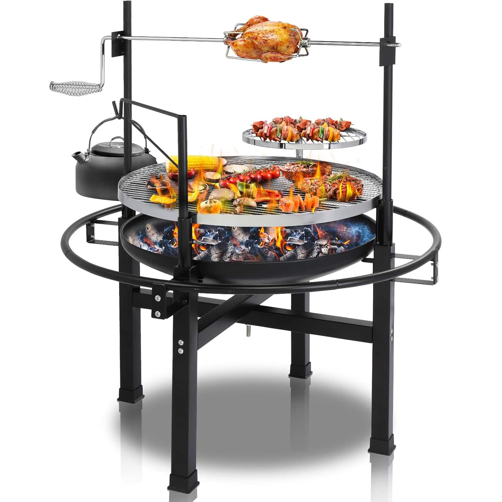 Chateau Abodes - 33-Inch Outdoor Fire Pit, Wood Burning with 2 Grills & Removable Swivel Grate for Backyard, Patio & Picnic BBQ - Black