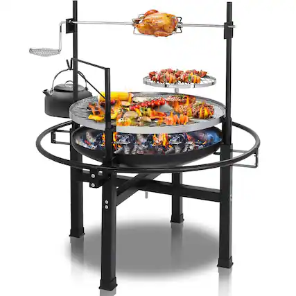 Front. Chateau Abodes - 33-Inch Outdoor Fire Pit, Wood Burning with 2 Grills & Removable Swivel Grate for Backyard, Patio & Picnic BBQ - Black.