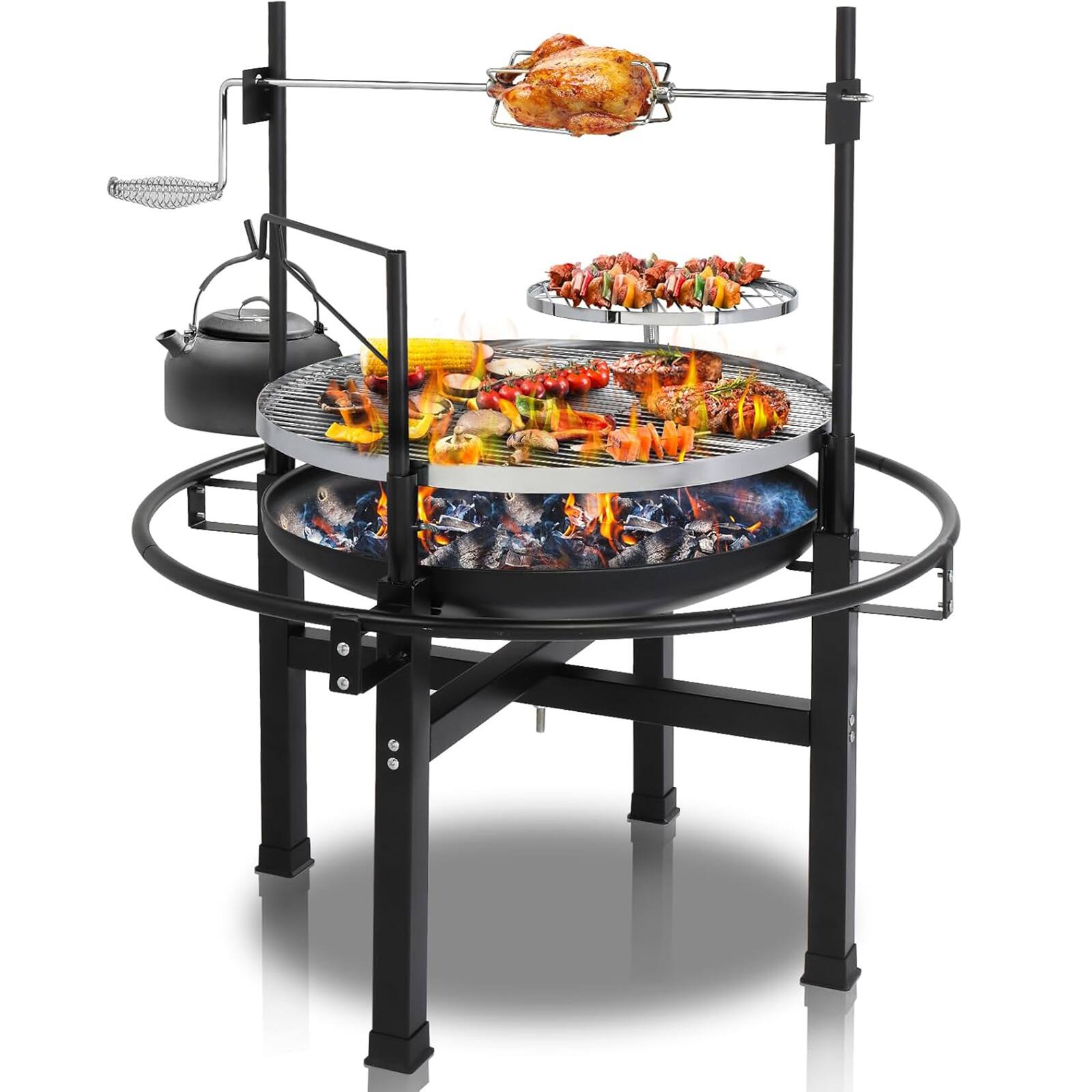 Front. Chateau Abodes - 33-Inch Outdoor Fire Pit, Wood Burning with 2 Grills & Removable Swivel Grate for Backyard, Patio & Picnic BBQ - Black.