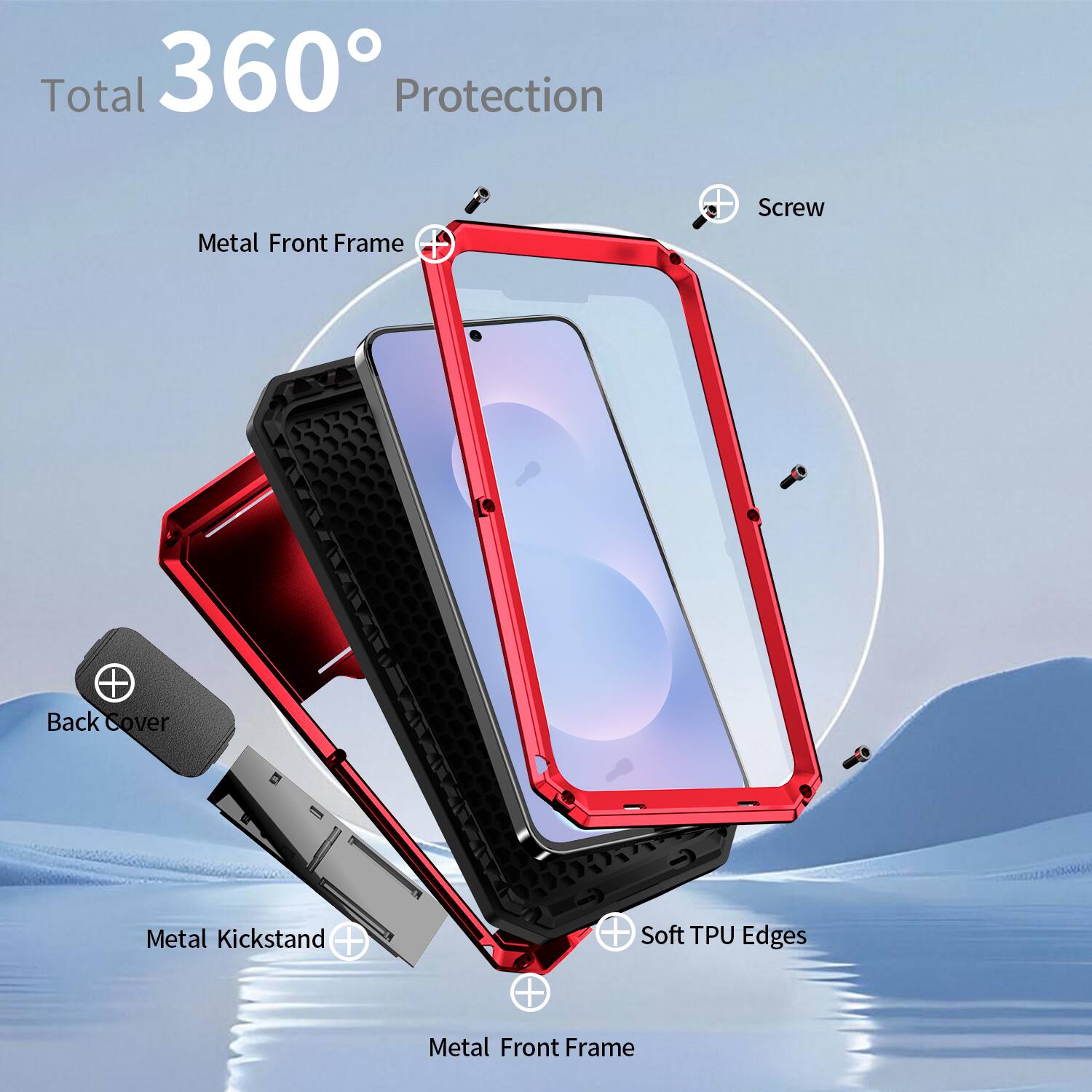 Total 360° Protection  
Metal Front Frame Screw + Back Cover Metal Kickstand + Soft TPU Edges Metal Front Frame