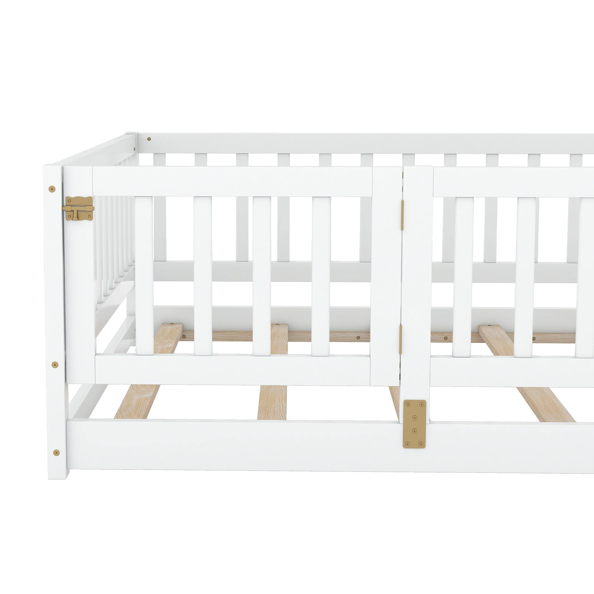 Alt View 7. GOODSILO - Full Size Montessori Floor Bed with Fence & Door - Low Profile Wood Bed Frame for Kids, Toddlers, Boys & Girls - White.