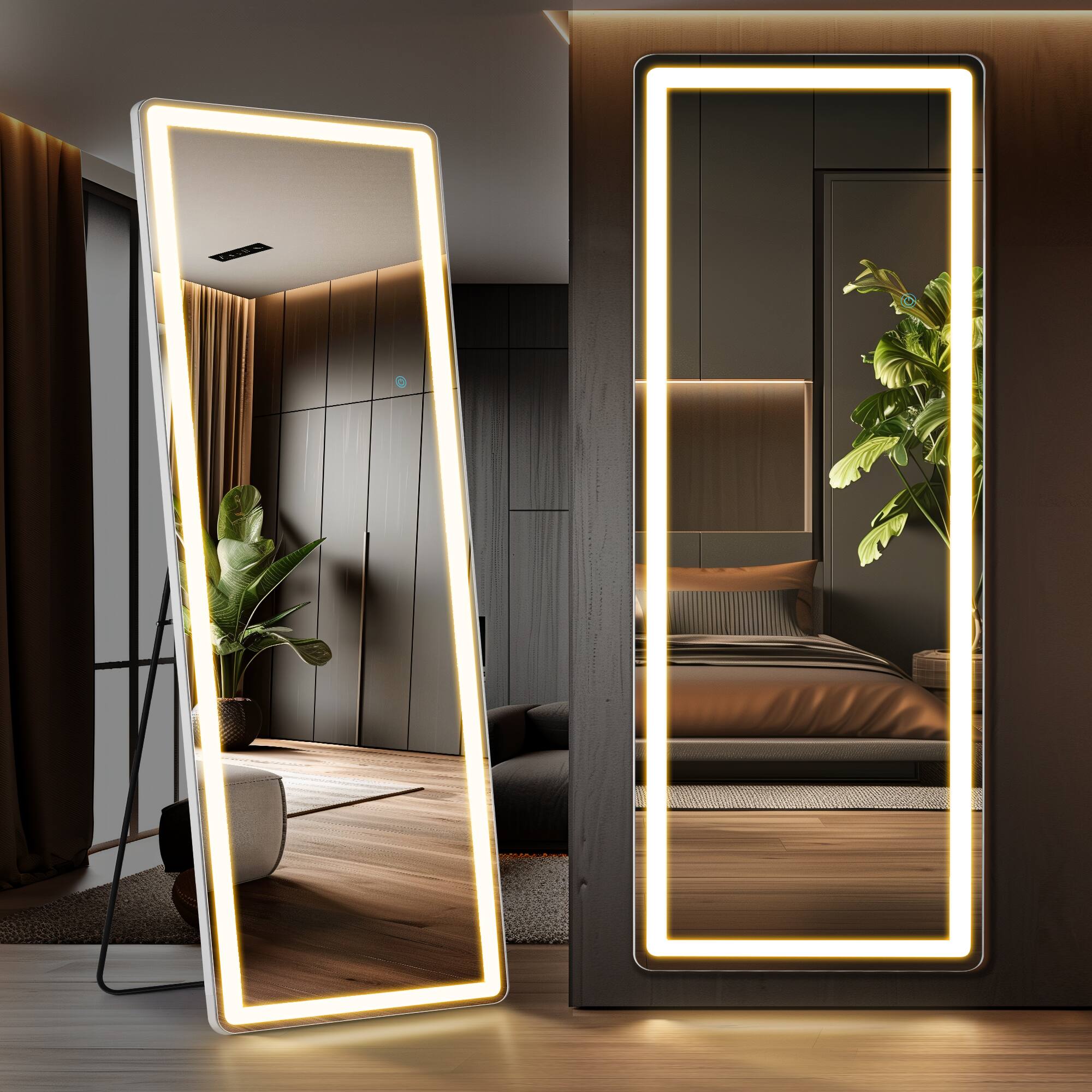 Front. PexFix - Full Length LED Mirror with Touch Control, 3 Light Colors & Shatterproof Nano Glass for Bedroom & Living Room - White.