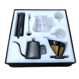 Kitcheniva - All-in-One Pour-Over Coffee Brewing Set with Manual Grinder, Gooseneck Kettle, Glass Carafe, Dripper & Cups - Multicolor