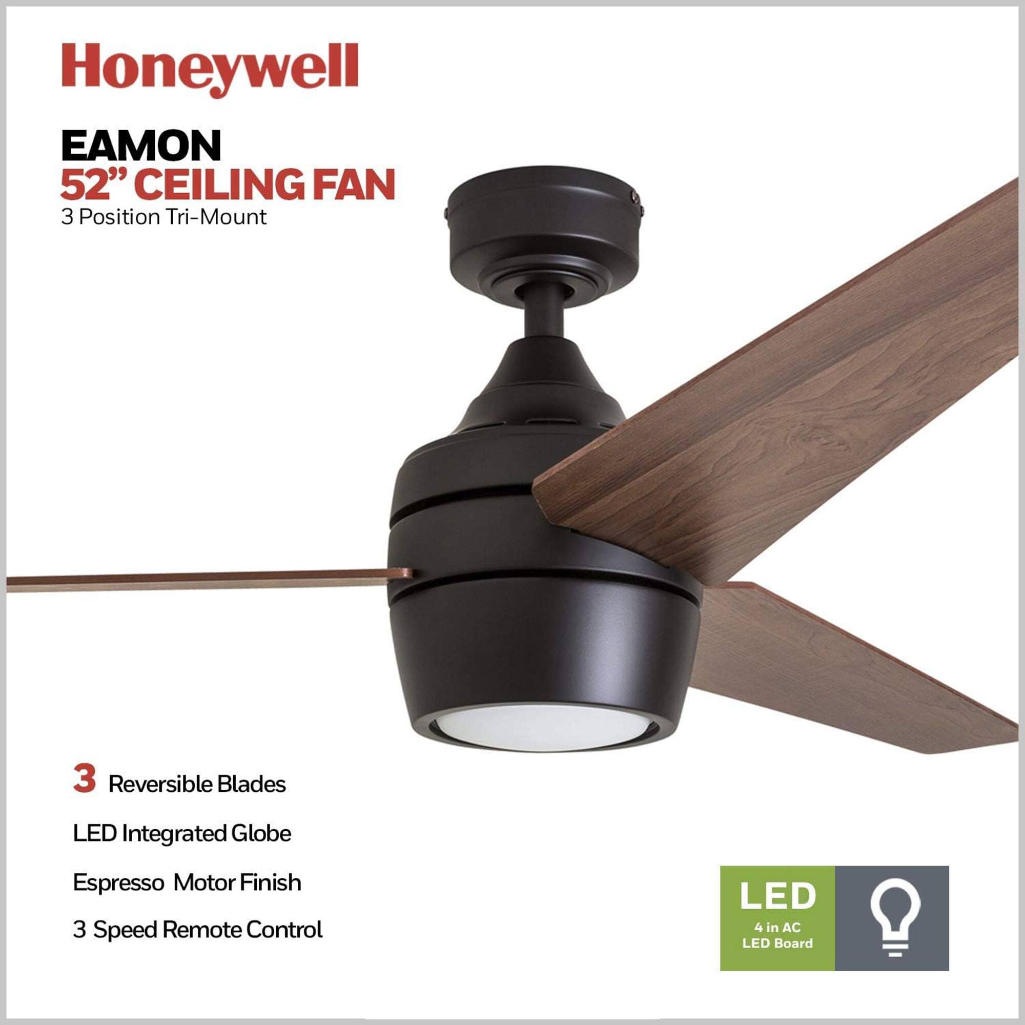 Honeywell EAMON 52" CEILING FAN 3 Position Tri-Mount 3 Reversible Blades LED Integrated Globe Espresso Motor Finish 3 Speed Remote Control LED 4 in AC LED Board