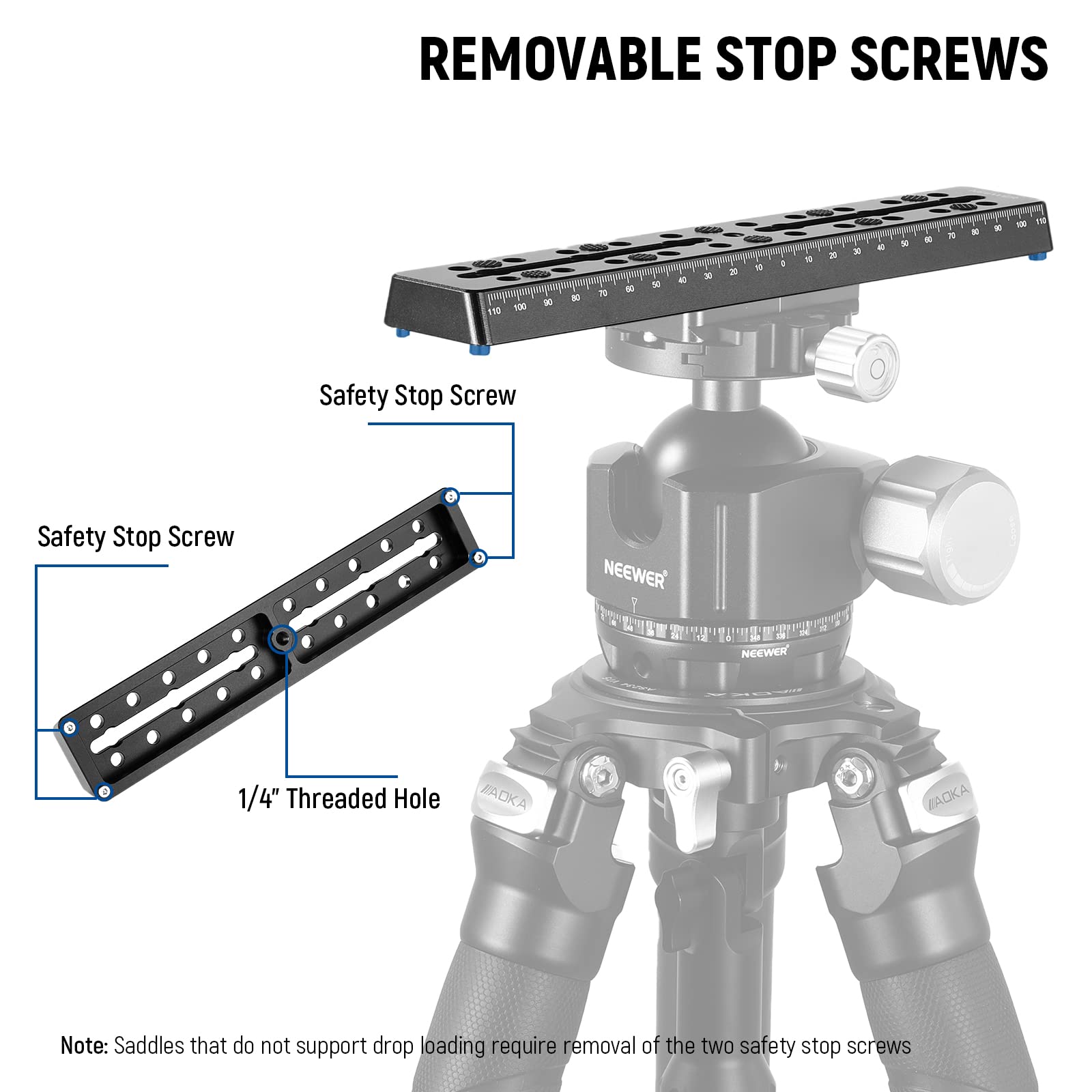 REMOVABLE STOP SCREWS

Safety Stop Screw  
Safety Stop Screw  
1/4" Threaded Hole

Note: Saddles that do not support drop loading require removal of the two safety stop screws