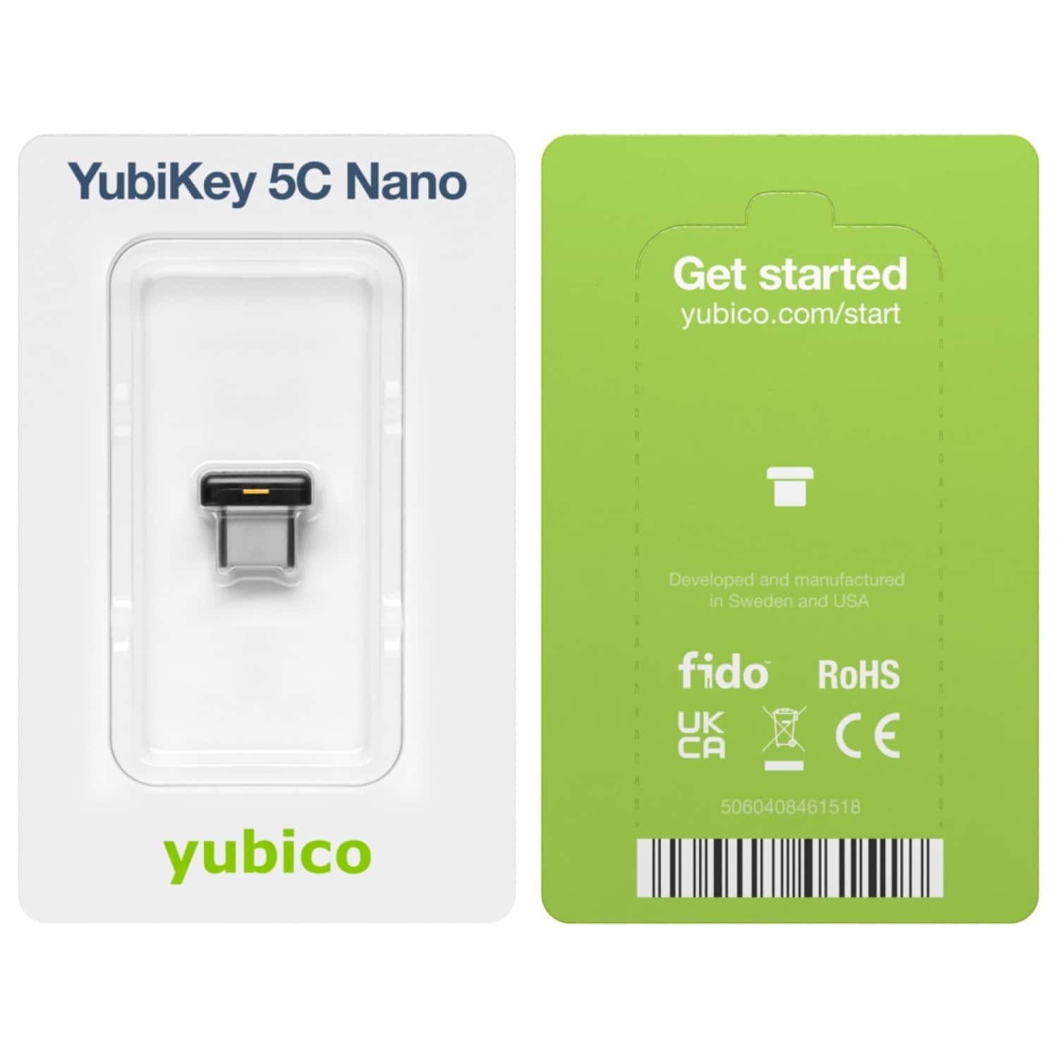 YubiKey 5C Nano Get started yubico.com/start Developed and manufactured in Sweden and USA fido RoHS UK CA CE yubico 5060408461518