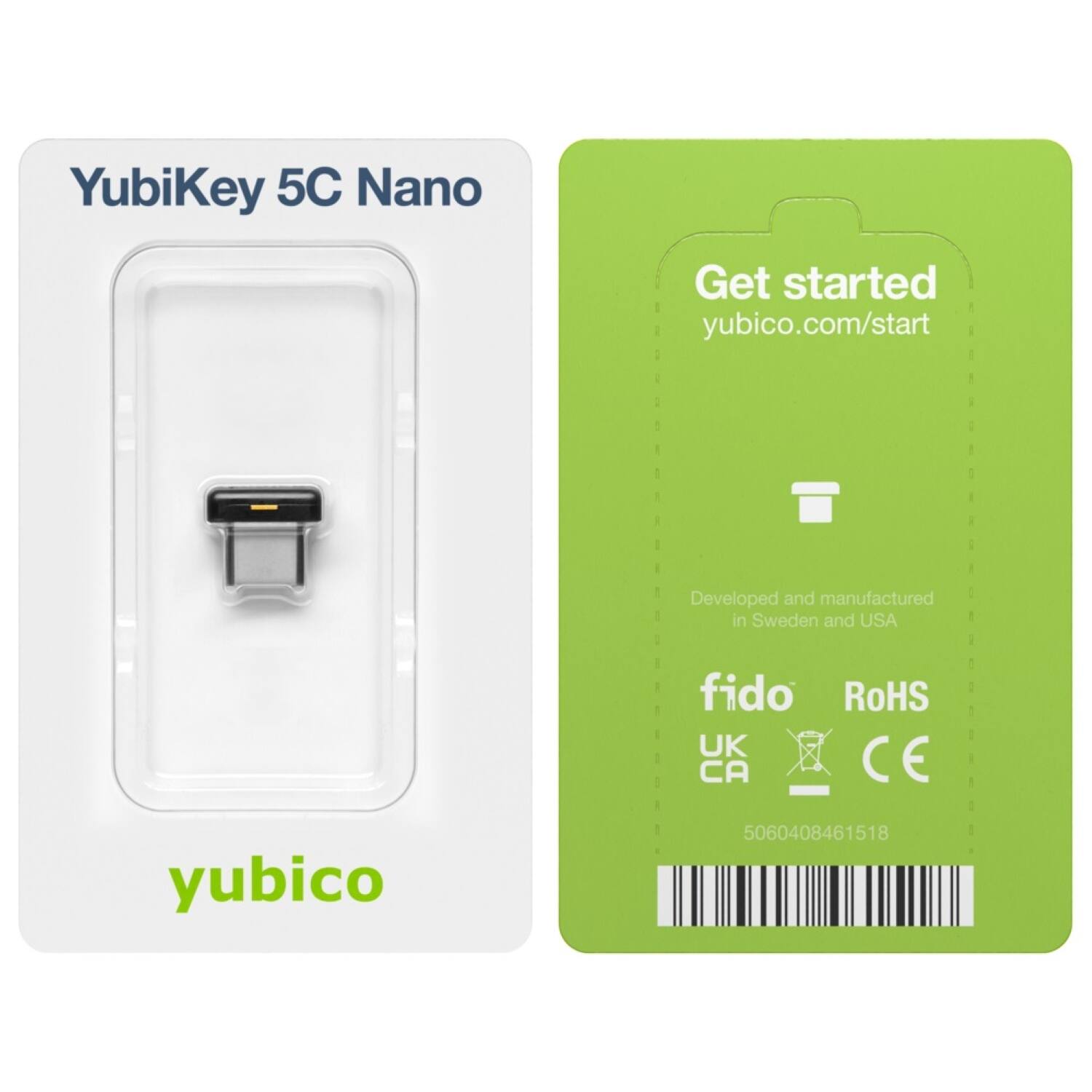 YubiKey 5C Nano Get started yubico.com/start Developed and manufactured in Sweden and USA fido RoHS UK CA CE yubico 5060408461518