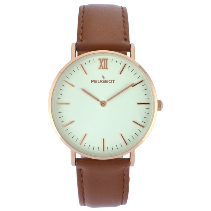 Peugeot - Men's 40mm Super Slim Leather Strap Watch - Rose Gold