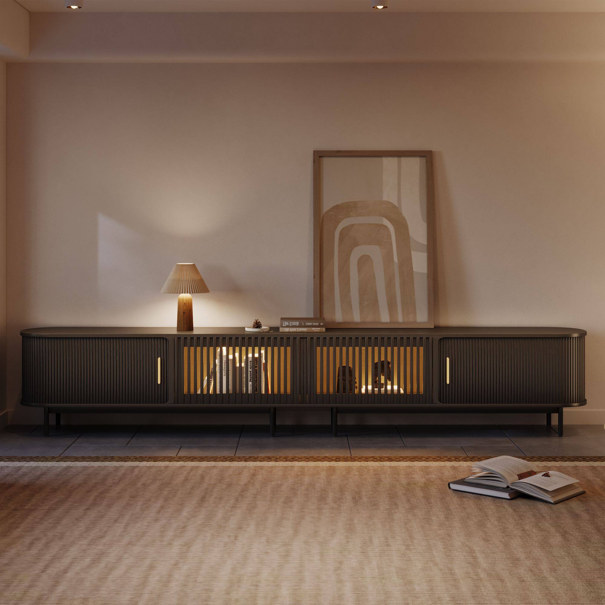 Angle. POVISON - 118"Mid-Century Modern Tambour Door TV Stand,Black with LED Lights - Black with LED Lights.