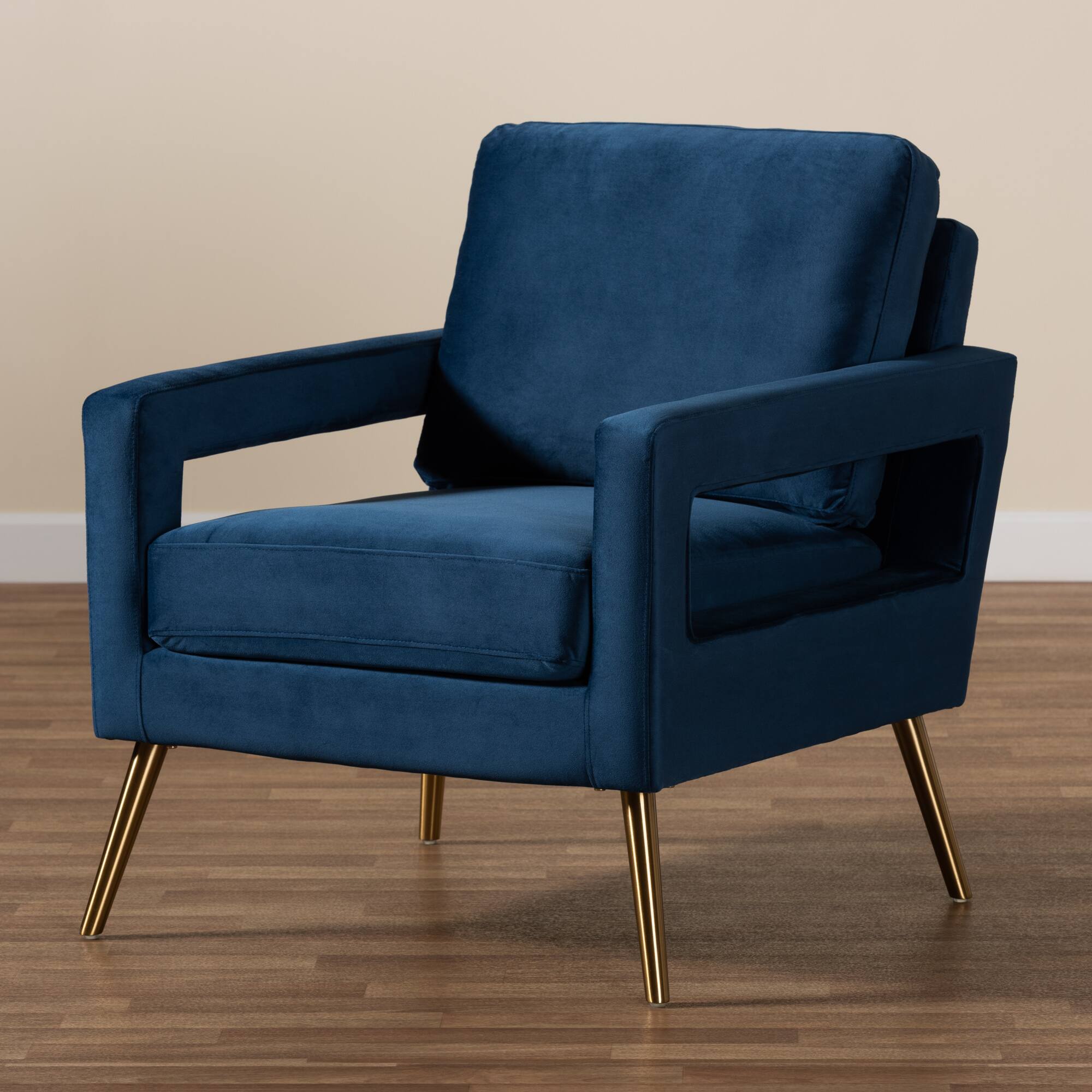 Alt View 4. Baxton Studio - Leland Glam and Luxe Velvet Fabric Upholstered and Gold Finished Armchair - Navy Blue/Gold.