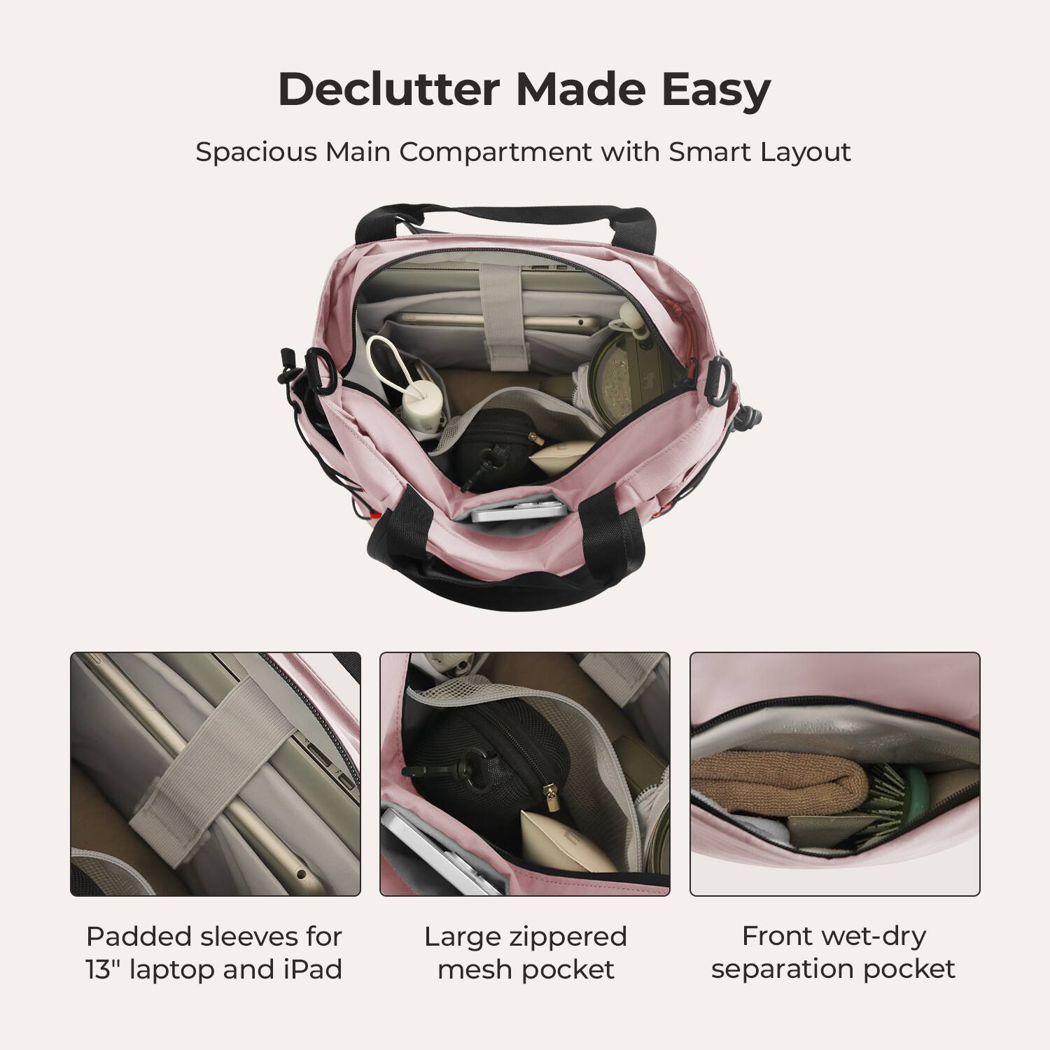 Declutter Made Easy  
Spacious Main Compartment with Smart Layout  
Padded sleeves for 13" laptop and iPad  
Large zippered mesh pocket  
Front wet-dry separation pocket