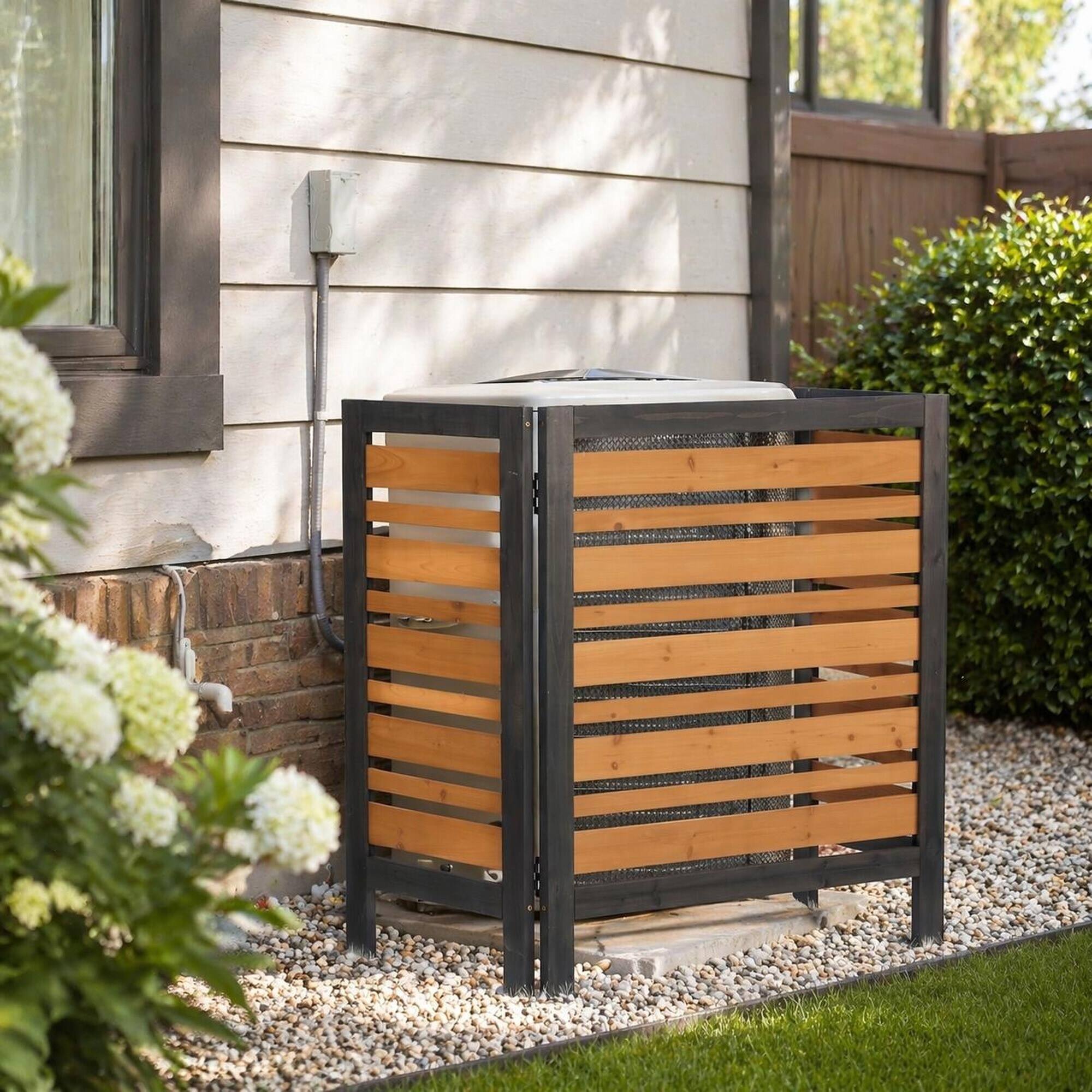 Left. RYHNUYNE - 3 Panel Outdoor Privacy Fence Screen for Air Conditioner, Wood Patio Backyard Enclosure, 38 by 42 Inch - Black+Gold.
