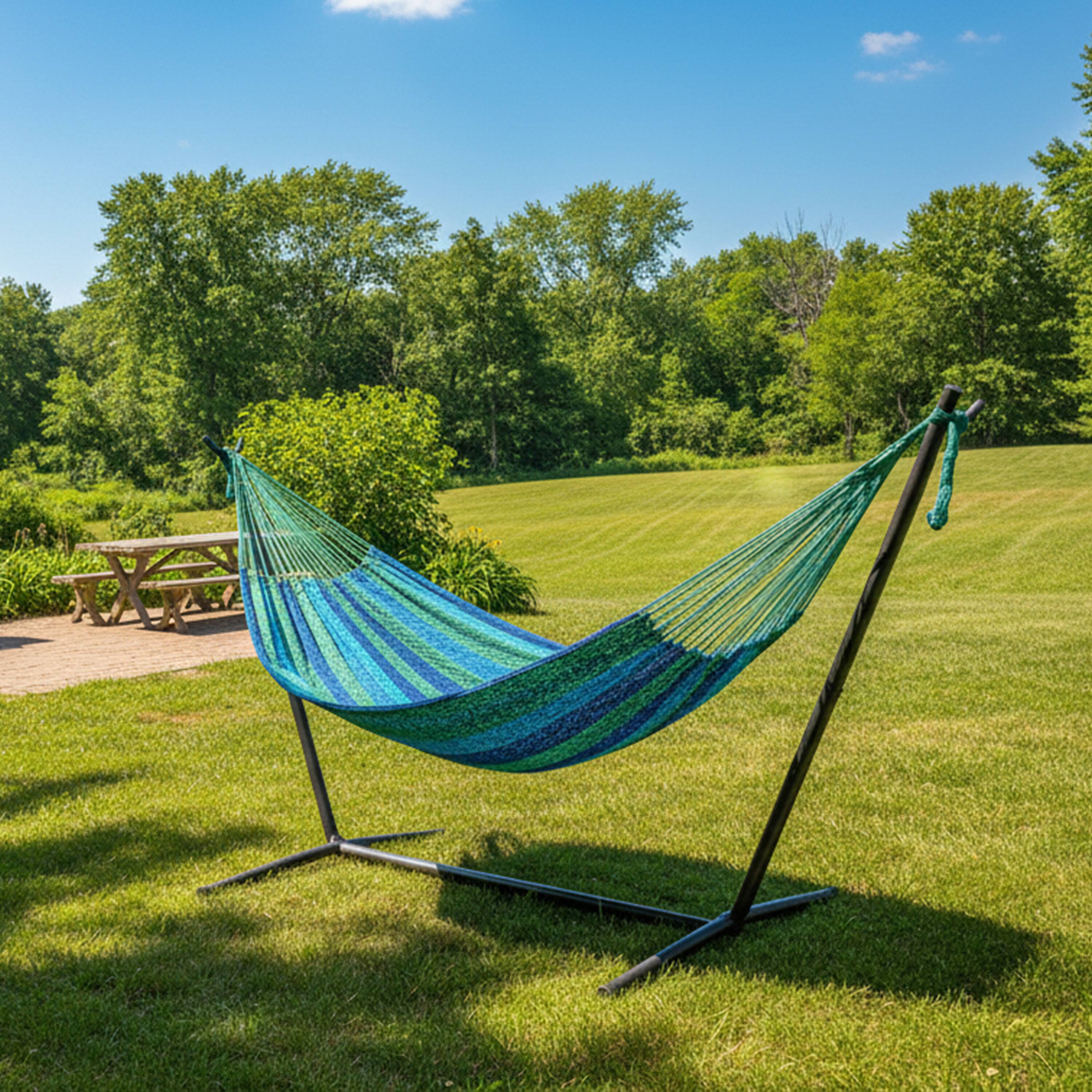 Alt View 9. Sunnydaze - 2-Person Cotton and Nylon Woven Mayan Hammock - Tropical Lagoon.