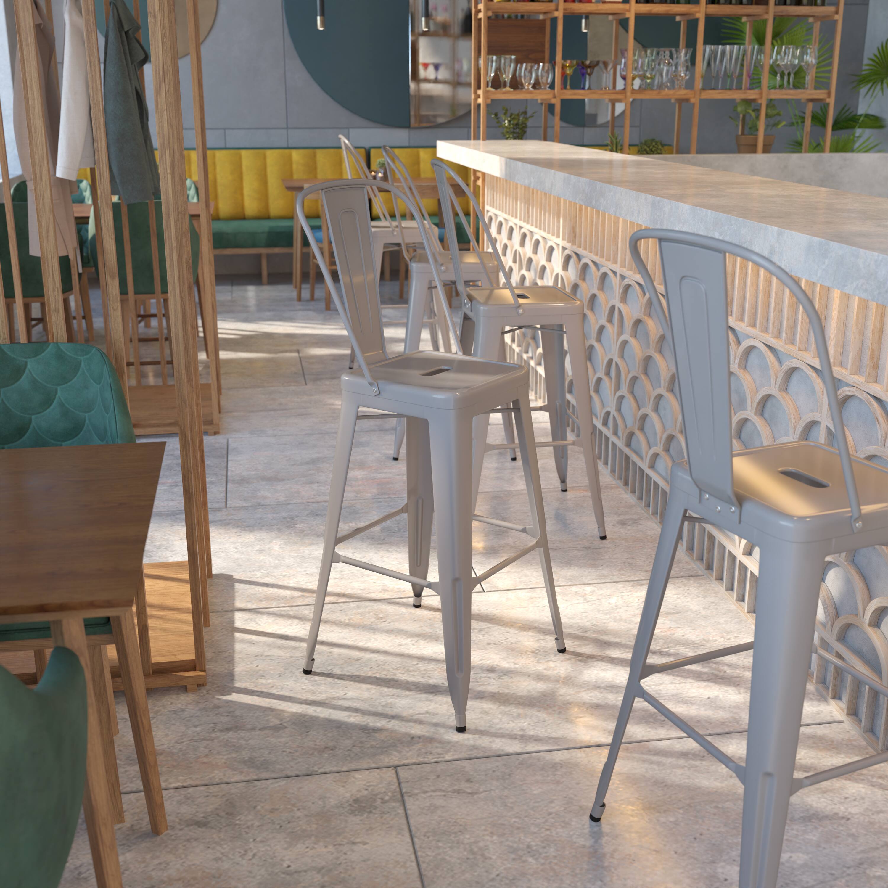 Alt View 1. Emma + Oliver - Commercial Grade 30"H Colorful Metal Indoor-Outdoor Barstool with Back - Silver.