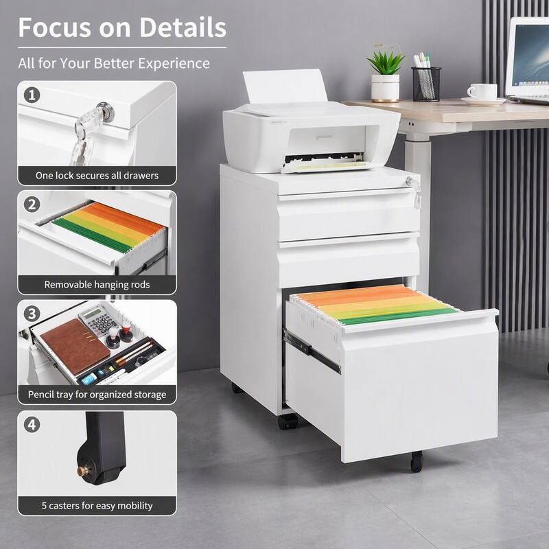 Focus on Details  
All for Your Better Experience

1. One lock secures all drawers  
2. Removable hanging rods  
3. Pencil tray for organized storage  
4. 5 casters for easy mobility