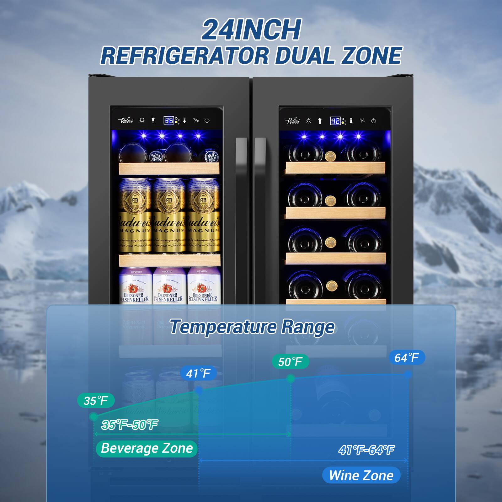 24INCH REFRIGERATOR DUAL ZONE Volari 35 % Volni 1 42 % 18 113 18 udu ei udu ei udu ei MAGNUMAGNUVBAGNUN BACNU 0 -  -  M0 - - - 14 1 I 4 - 4 - | - IneR DEEMDeVER DEENEINER ESKELLER MAREIR SENKELLER - Nra T Serzh - Temperature Range 50F 41F 64F 35F 35F-50F Beverage Zone 41F-64F Wine Zone