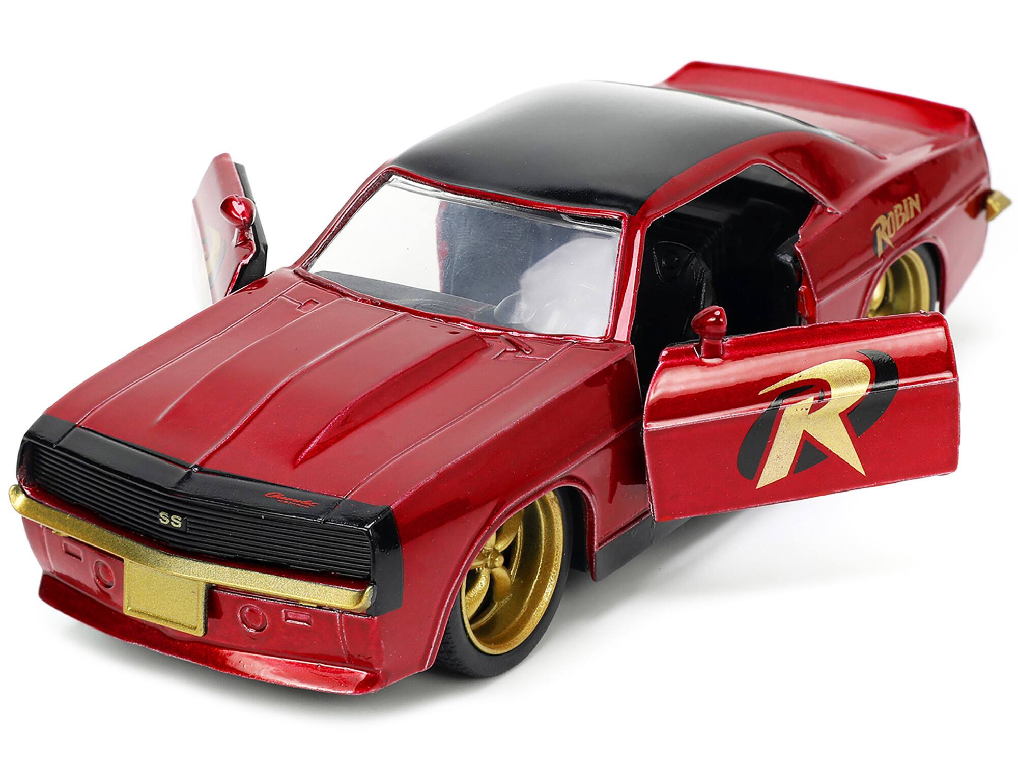 Angle. Jada - 1969 Chevrolet Camaro Dark Red Metallic with Black Top and Robin Diecast Figure "Batman" "Hollywood Rides" Series 1/32 - Dark Red Metallic With Black.