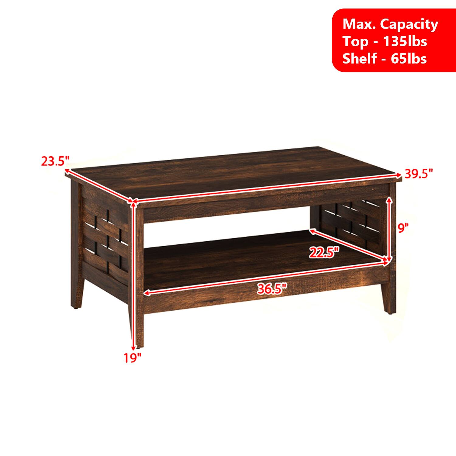 Max. Capacity  
Top - 135lbs  
Shelf - 65lbs  

23.5"  
39.5"  
9"  
22.5"  
36.5"  
19"