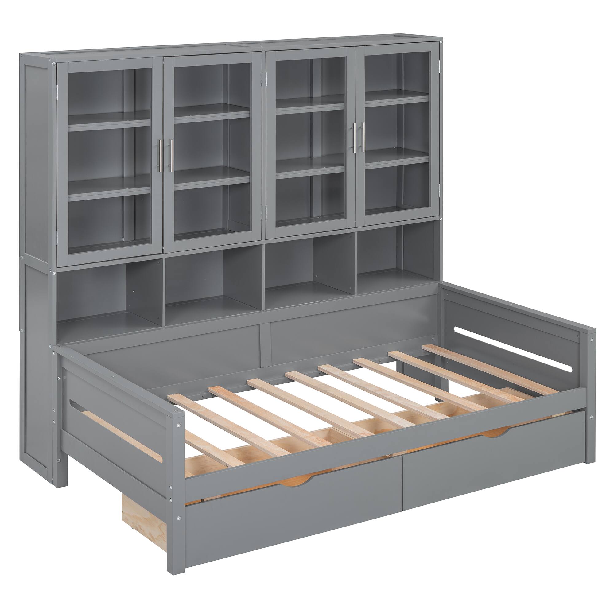 Alt View 2. Tiramisubest - Twin Size Wooden Daybed with Glass-Door Storage Cabinets, Built-in LED Lighting and Shelves, Gray - Gray.