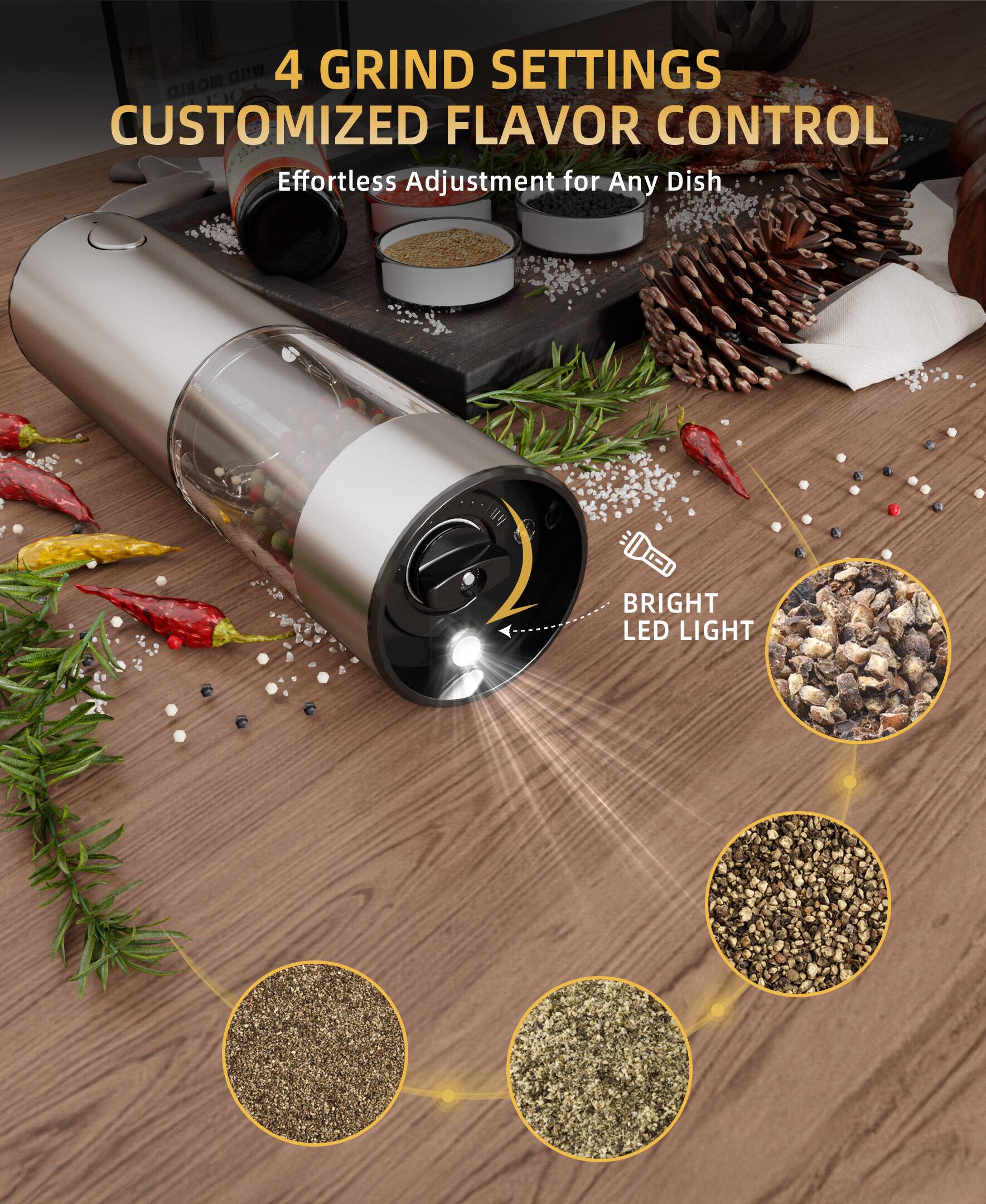 4 Grind Settings  
Customized Flavor Control  
Effortless Adjustment for Any Dish  

Bright LED Light