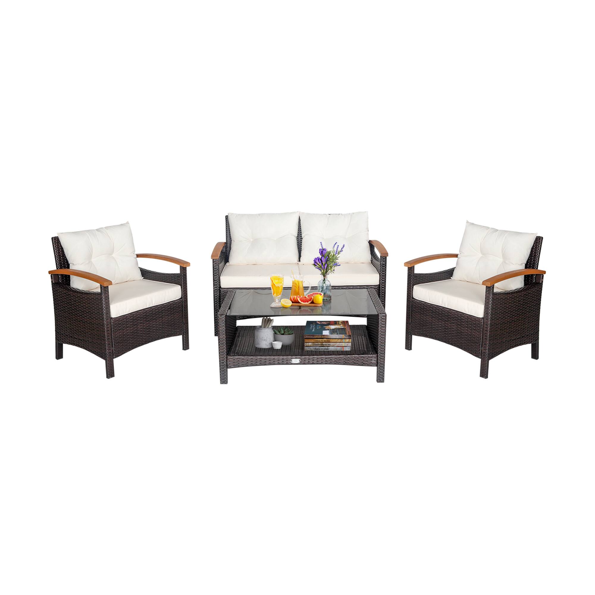 Alt View 1. Gymax - Gymax 4PCS Patio Conversation Set Rattan Sofa Furniture Set w/ Off White Cushions - Off White.