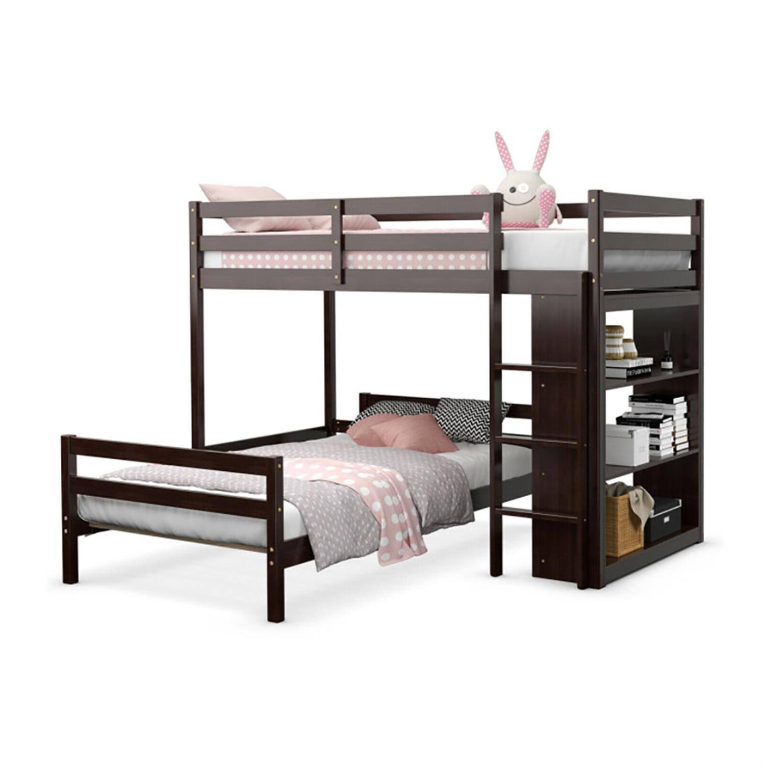 Alt View 2. Pefilos - Twin Over Twin Loft Bunk Bed with Bookcase, Space-saving Solid Wood House Bed Frame - Brown.