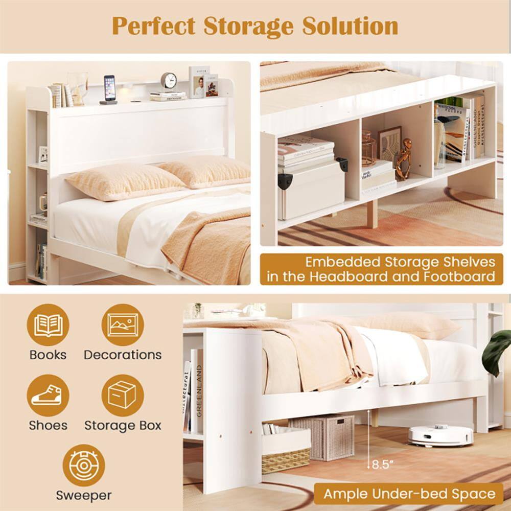 Perfect Storage Solution

Embedded Storage Shelves in the Headboard and Footboard

Books  
Decorations  
Shoes  
Storage Box  
Sweeper  

Ample Under-bed Space (8.5")