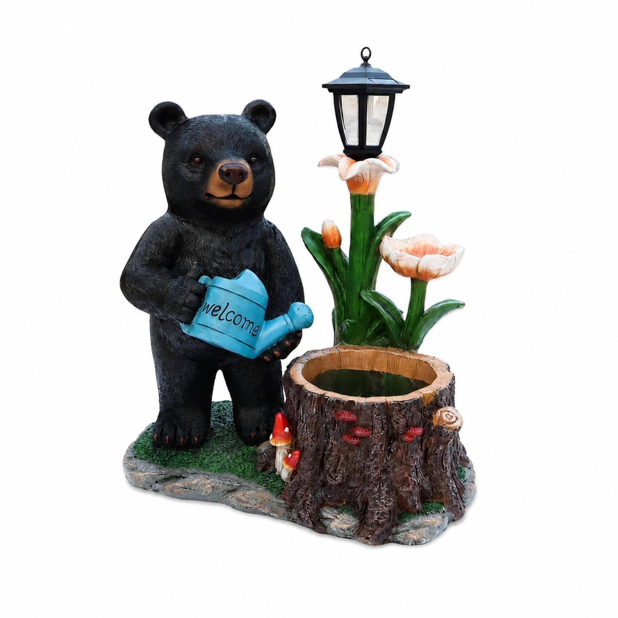 Front. RYHNUYNE - Whimsical Polyresin Black Bear Garden Planter with Solar Lantern and Flower Bird Feeder for Porch Patio and Cabin - Black.