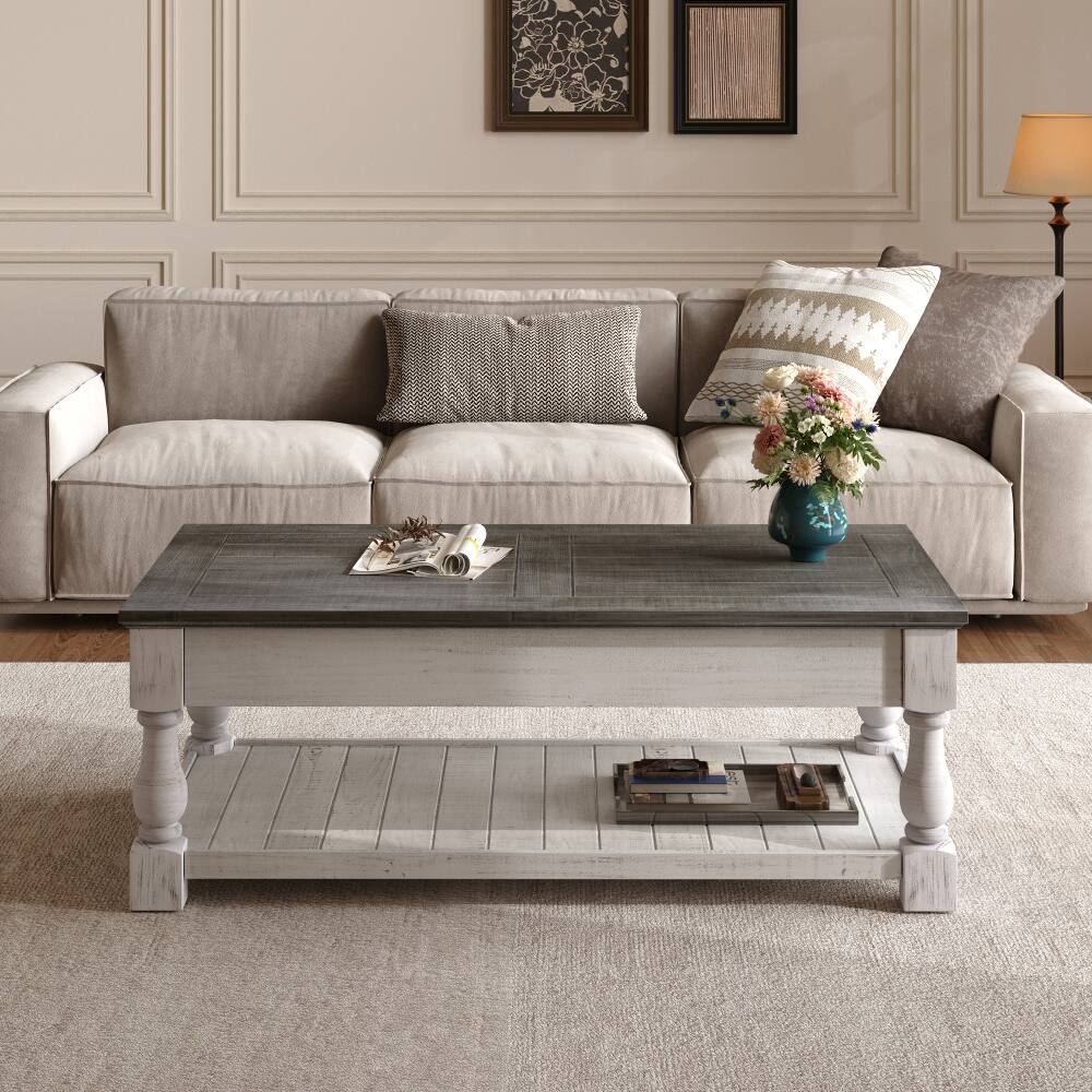 Back. Loheer - Loheer farmhouse lift top coffee table, solid wood splice tabletop, two tier living room table - Antique Gray and Weathered White.