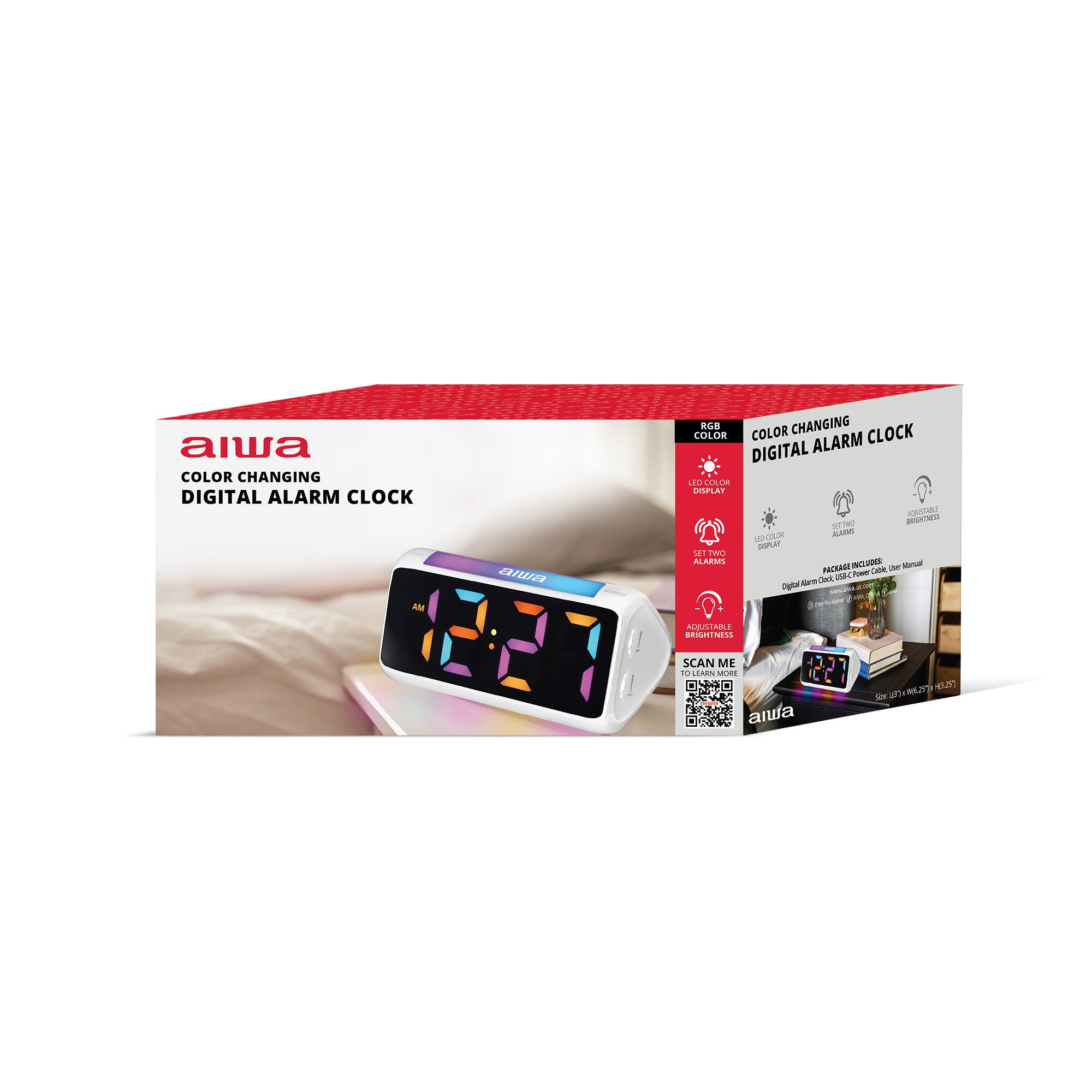 aiwa COLOR CHANGING DIGITAL ALARM CLOCK AM

aiwa COLOR RGB COLOR CHANGING CLOCK DIGITAL ALARM LED COLOR DISPLAY BROWN ROUSTARY OIL GS JEN COLOR ALAMS DISPLAY SET TWO ALARMS INQUINS Manual PACKAGE Cable Uter 2450 lower Karm Chet Sigtal suppetalia

ADJUSTABLE BRIGHTNESS

SCAN ME 43.37 a LEARN MORE CL aiwa

7 for 120