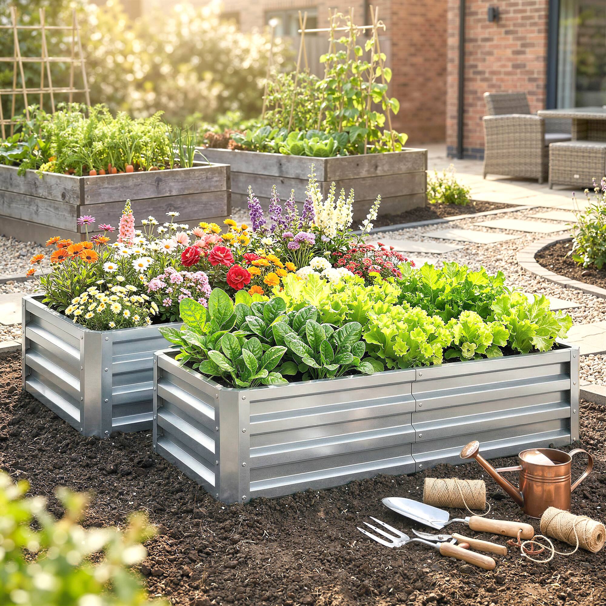 Alt View 1. Outsunny - Raised Garden Bed, 4' x 2' x 1' Metal Planter Box, for Growing Vegetables, Flowers, Herbs.