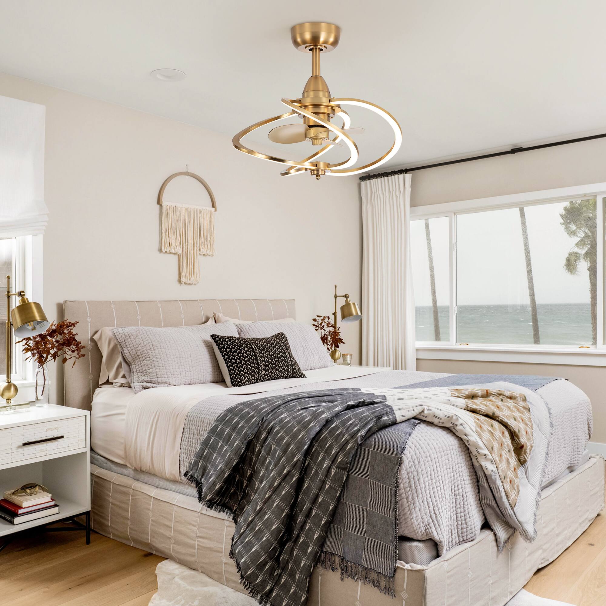 Alt View 2. Breezary - 20-Inch Indoor Gyro Cage Ceiling Fan with Light Kit, 3 ABS Blades, DC Motor, 6-Speed Remote Control, Timer, 6-In Downrod - Antique Brass with Gold-Copper.