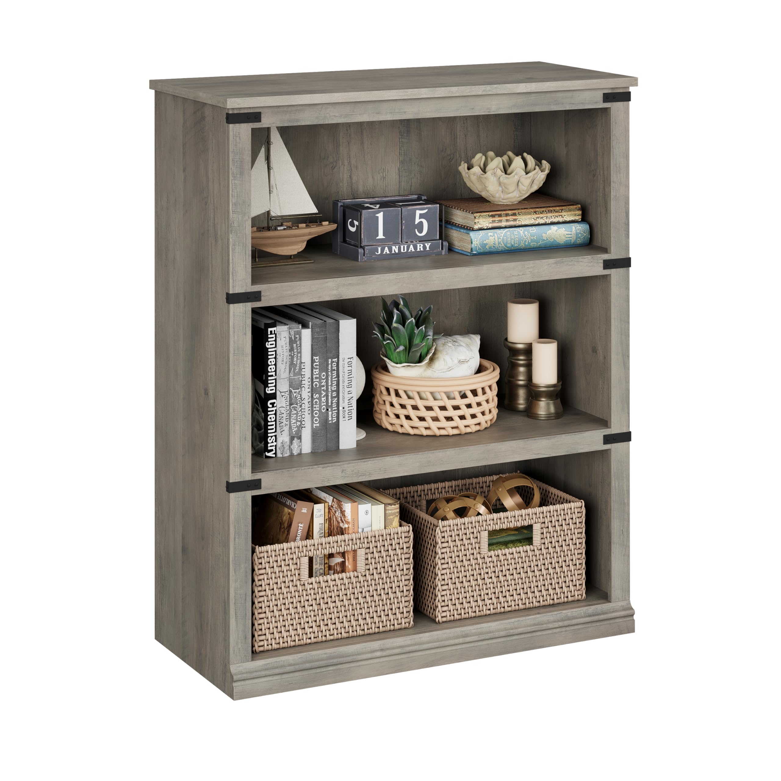 Jojoka - 3 Tier Bookcase, Farmhouse Book Shelf with Storage, Low Book Case Wooden 3 Shelf Bookcase - Gray