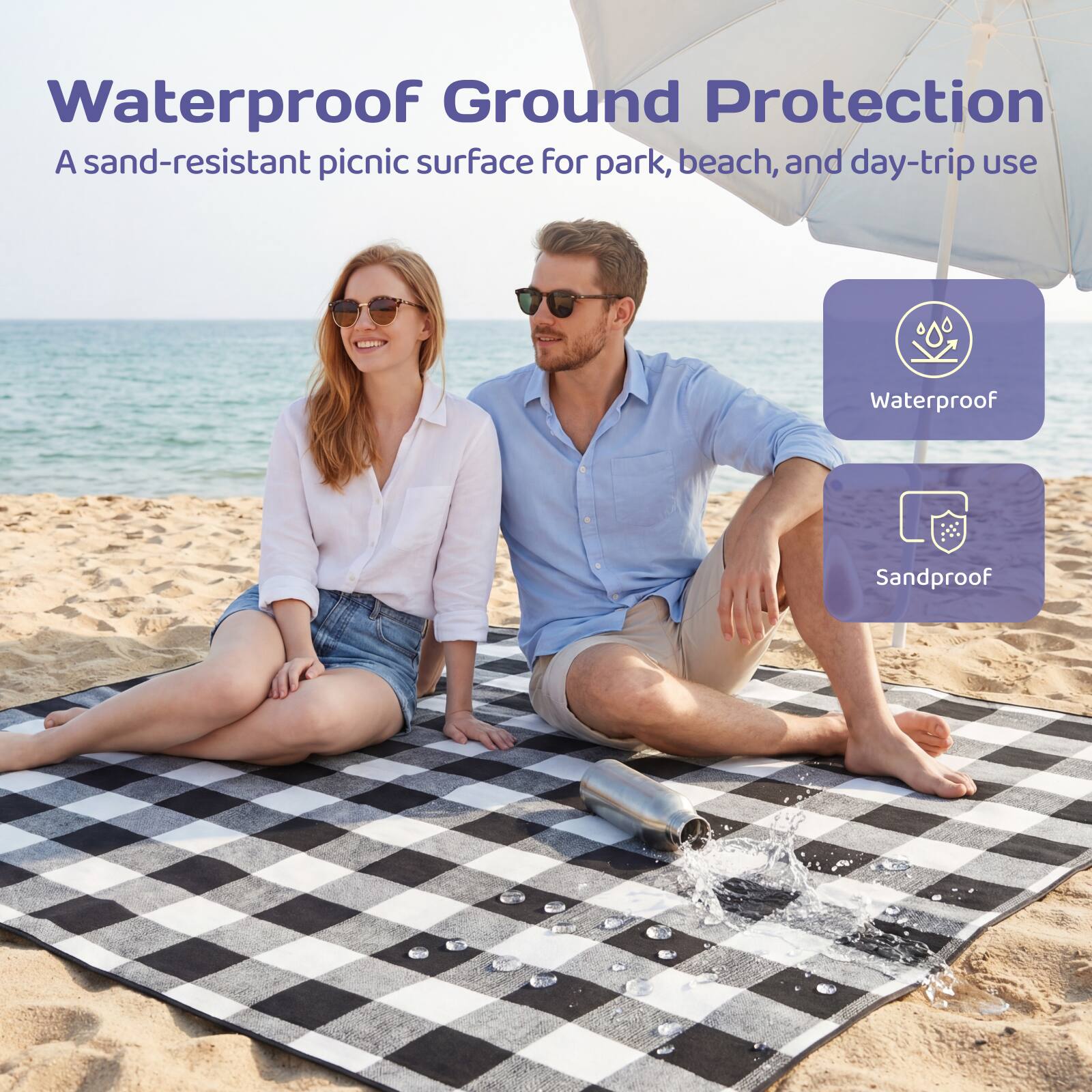 Waterproof Ground Protection  
A sand-resistant picnic surface for park, beach, and day-trip use  

Waterproof  
Sandproof
