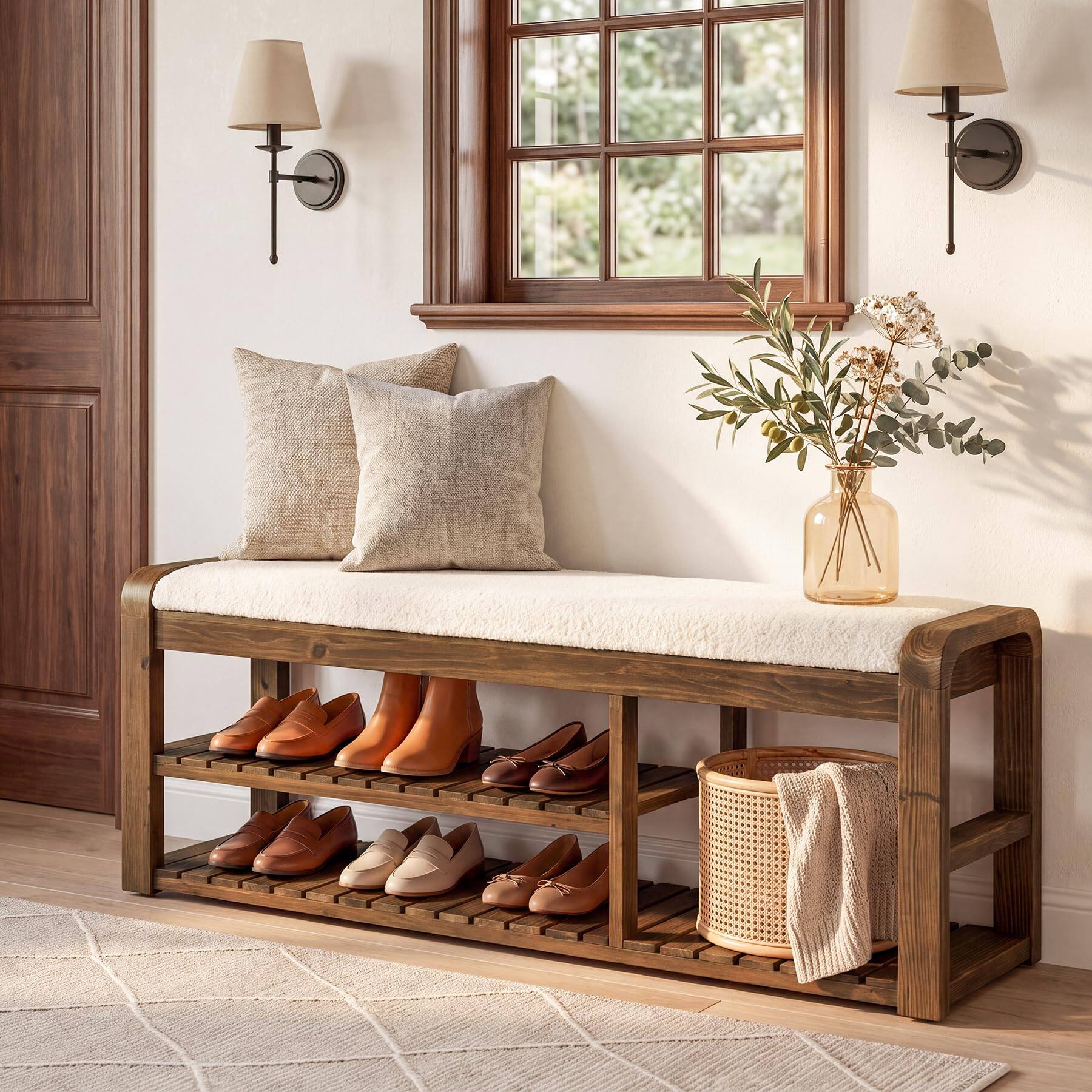 Back. Tribesigns - Storage Bench with Cushion, 55" Solid Wood Entryway Shoe Rack - Rustic Brown.