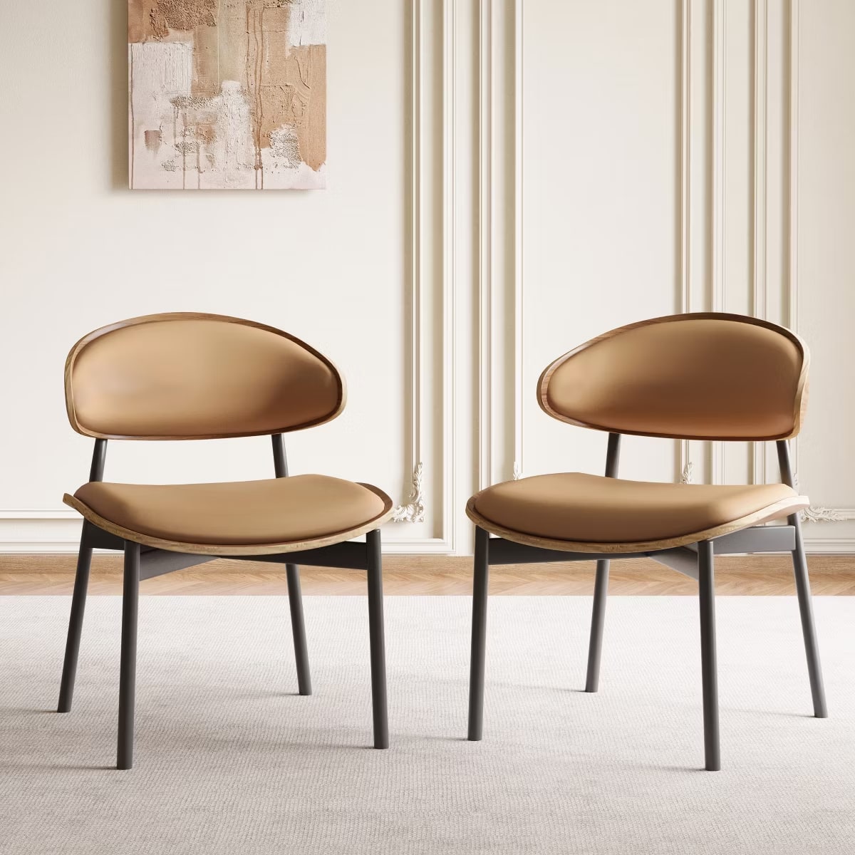 luck idea - Mid-Century Dining Chairs, Curved PU Leather Upholstered Seat Back, Metal Legs Modern Side Chair for Kitchen Dining Room - Brown