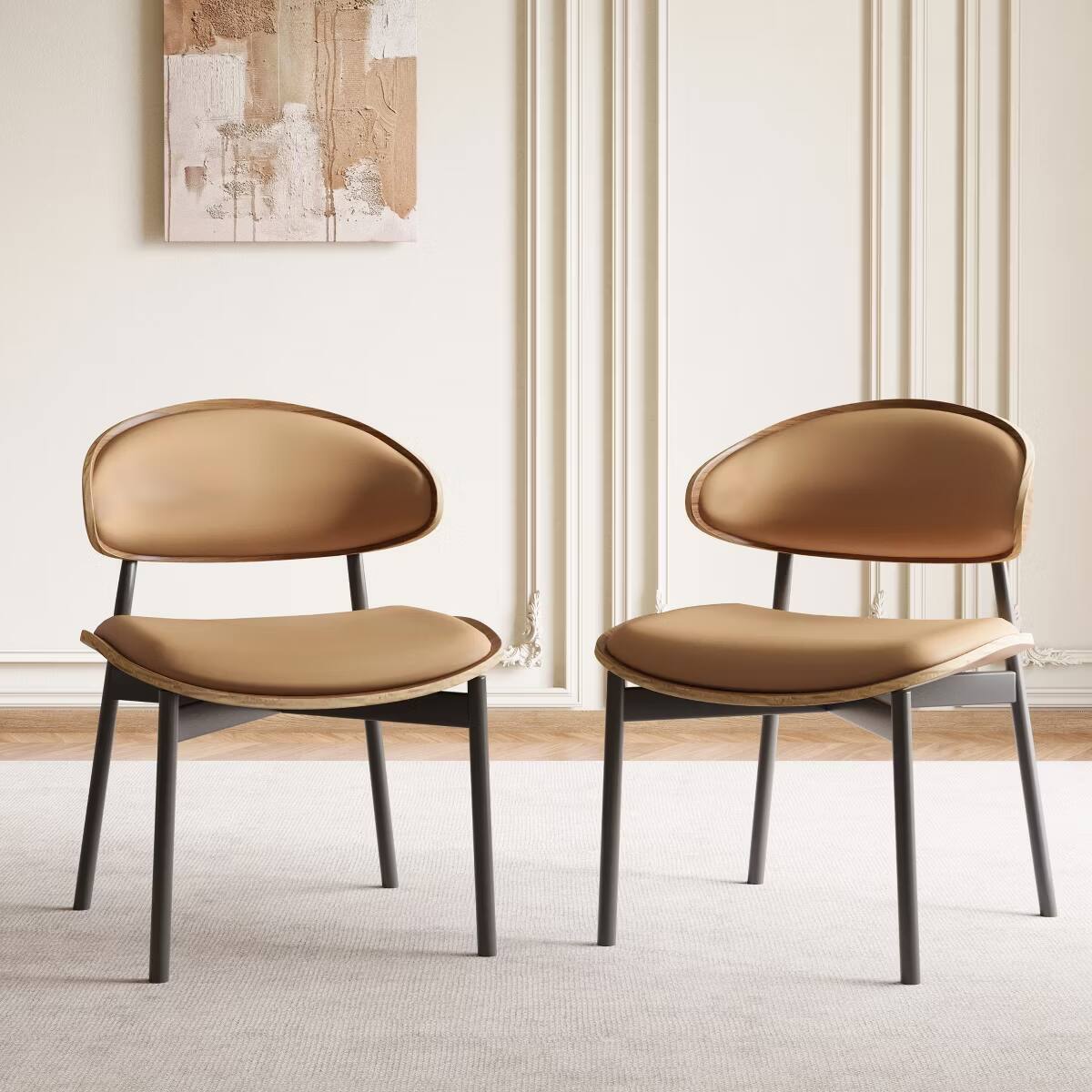 Front. luck idea - Mid-Century Dining Chairs, Curved PU Leather Upholstered Seat Back, Metal Legs Modern Side Chair for Kitchen Dining Room - brown.