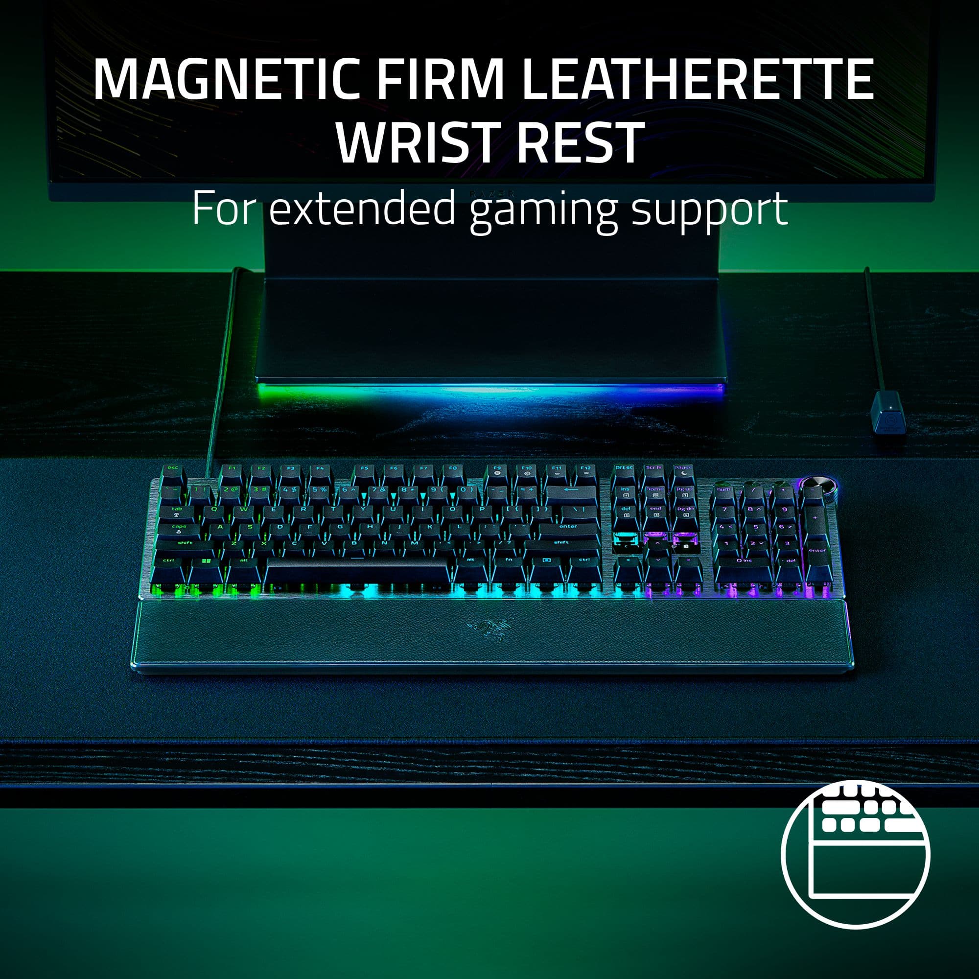 The text on the image reads: "Magnetic Firm Leatherette Wrist Rest For extended gaming support."