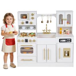 Gymax - Wooden Kitchen Playset w/Realistic Lights & Sounds Stoves Sink Faucet Oven - White