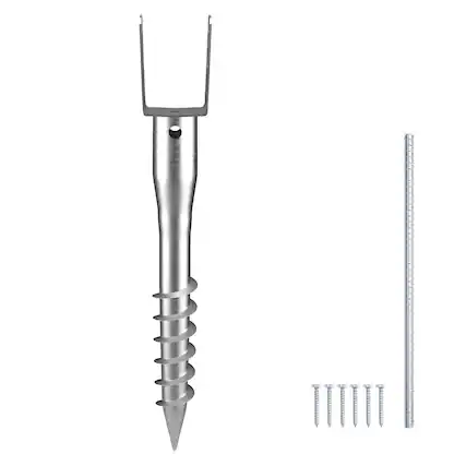Front. VEVOR - No Dig Ground Anchor, 1 Pack 3.94 x 2.76 x 27.56 in DIY Screw in Post Stake, Includes 6 Lag Bolts & a Rebar - Silver.