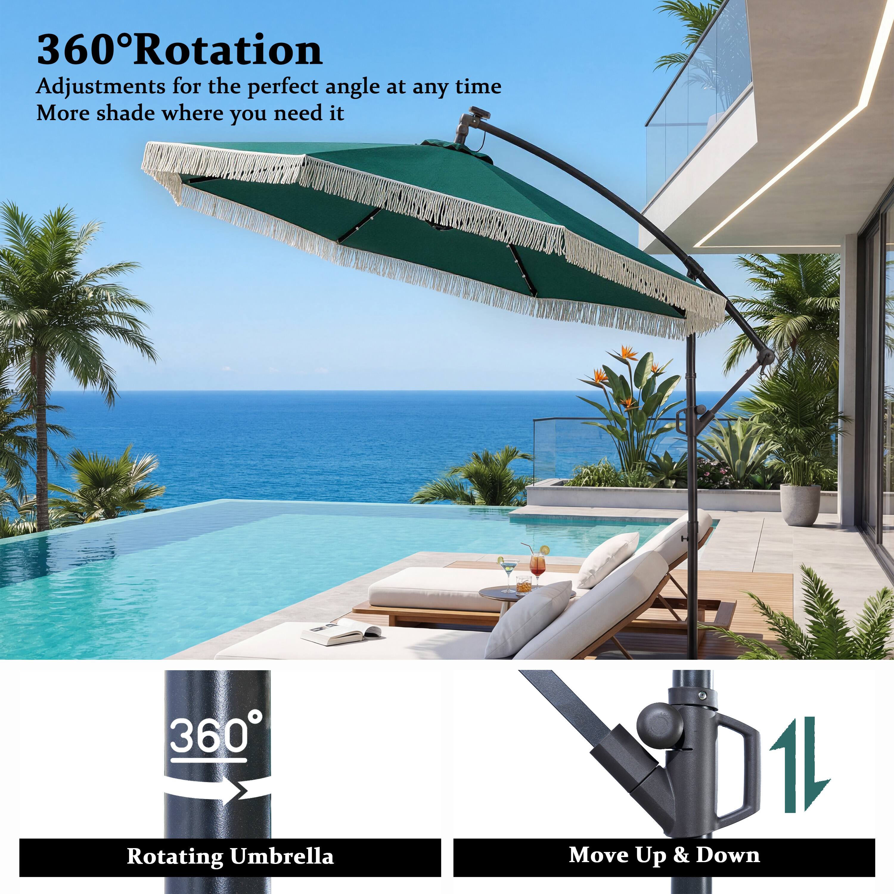 360° Rotation  
Adjustments for the perfect angle at any time  
More shade where you need it  

360° Rotating Umbrella  

Move Up & Down